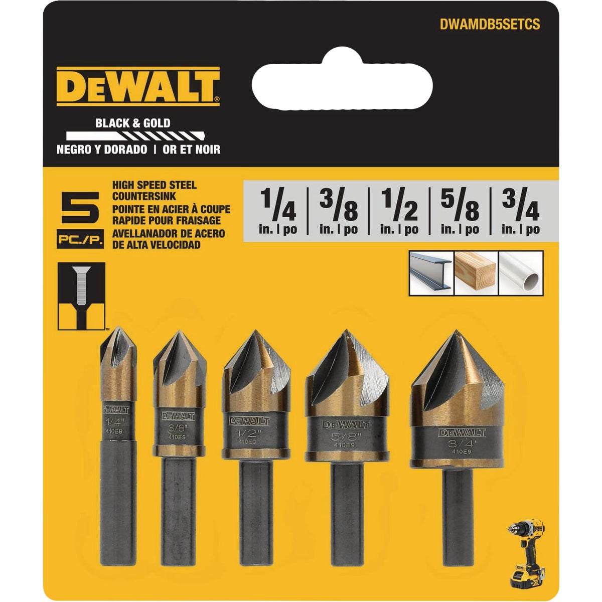 DEWALT Black & Gold High Speed Steel Countersink Twist Drill Bit Set (5-Piece) Image 1