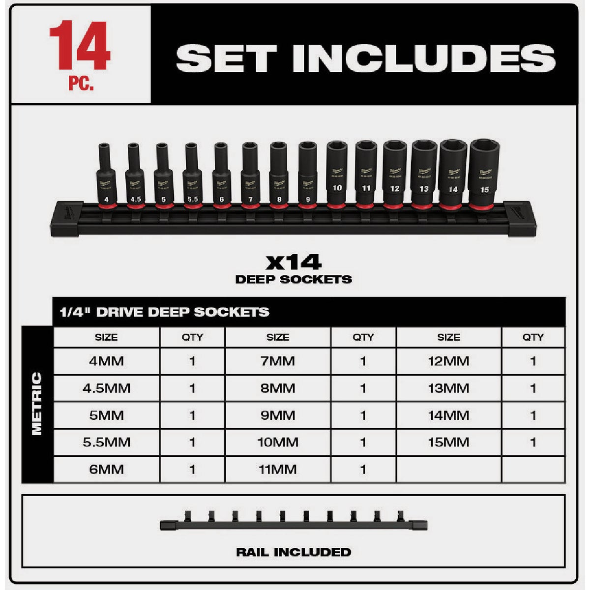 Milwaukee SHOCKWAVE Metric 1/4 In. Drive 6-Point Deep Impact Driver Set (14-Piece) Image 2