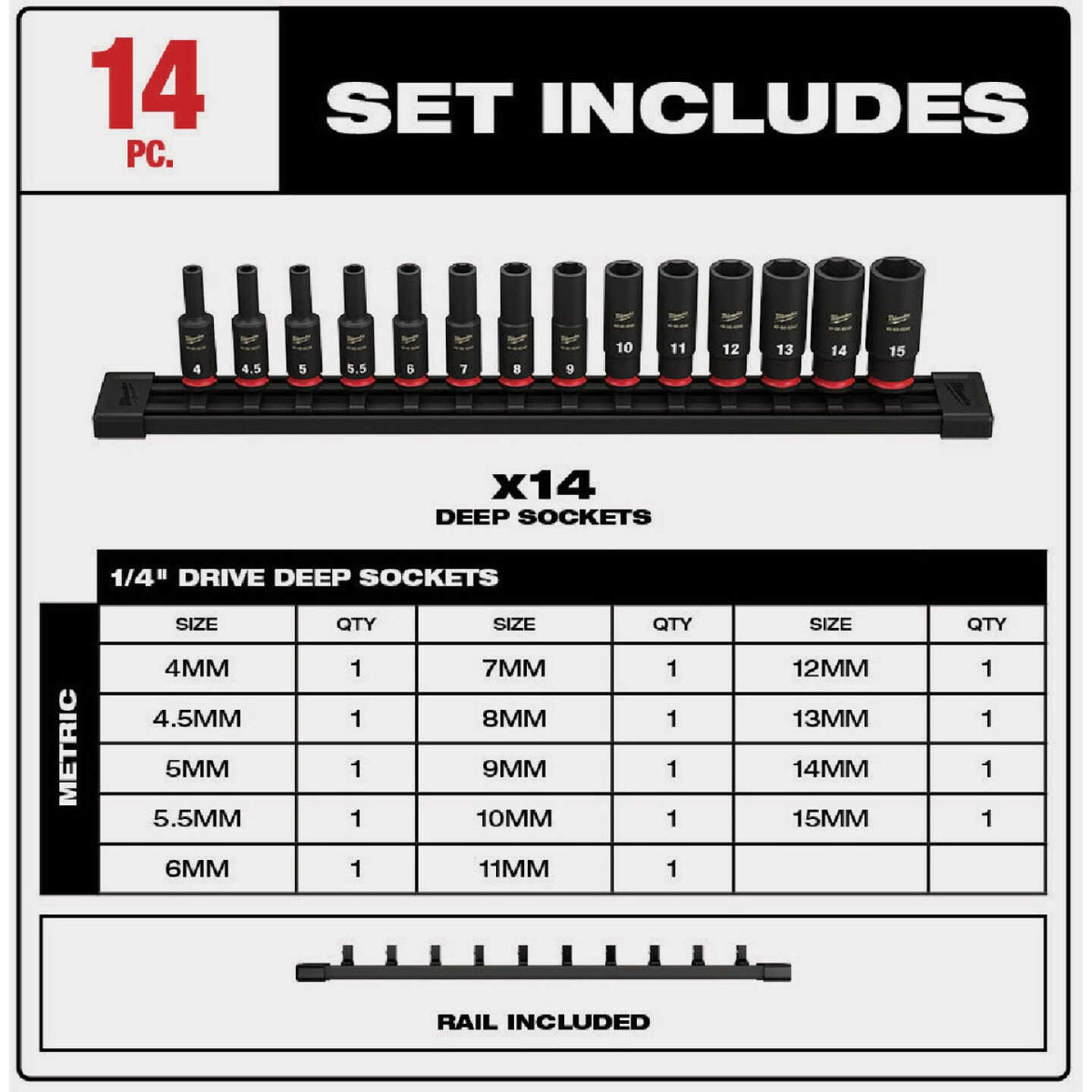 Milwaukee SHOCKWAVE Metric 1/4 In. Drive 6-Point Deep Impact Driver Set (14-Piece) Image 2