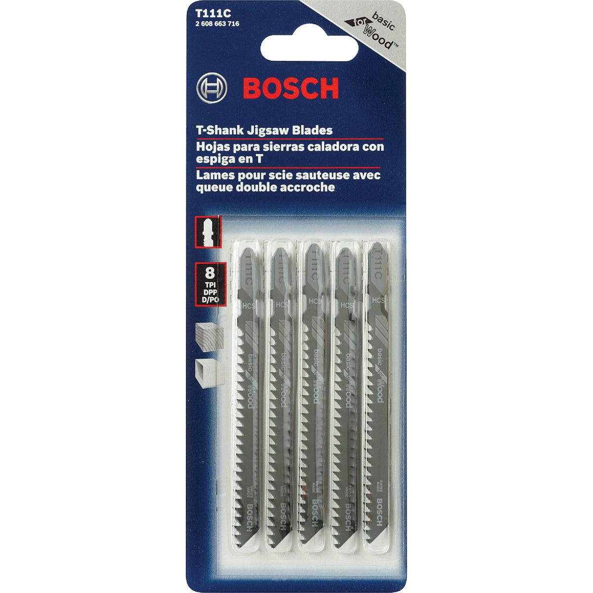 Bosch T-Shank 4 In. x 8 TPI High Carbon Steel Jig Saw Blade, Basic for Wood (5-Pack) Image 2