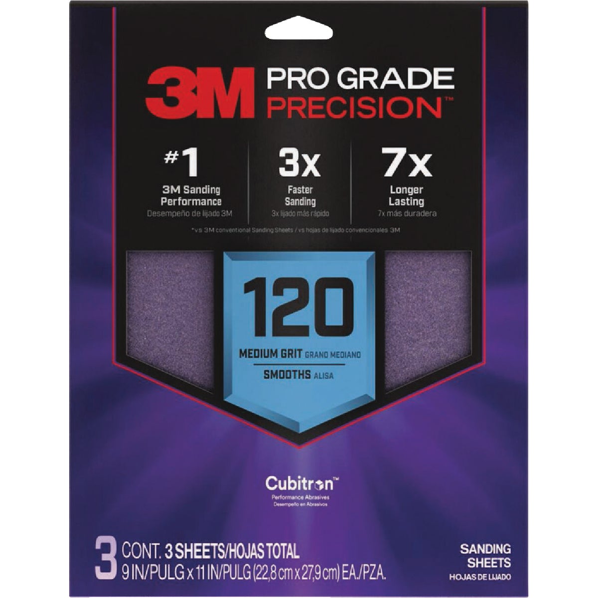 3M Pro Grade Precision 9 In. x 11 In. 120 Grit Sandpaper Sheet with No-Slip Grip Backing (3-Pack)