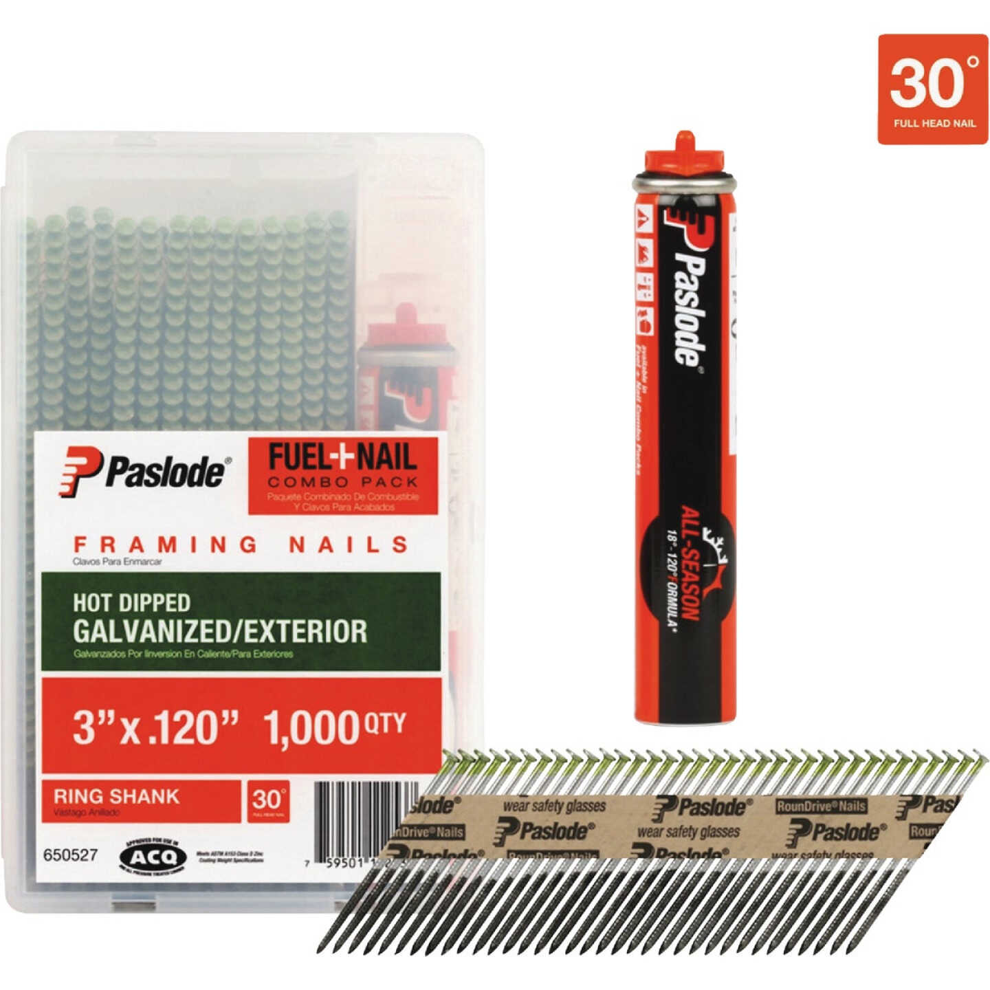 Paslode 3 In. x 0.120 In. 30 Degree Paper Tape Hot Dipped Galvanized Plus Ring Shank RounDrive Framing Nails with (1) Framing Fuel Cell (1000 Ct.) Image 1