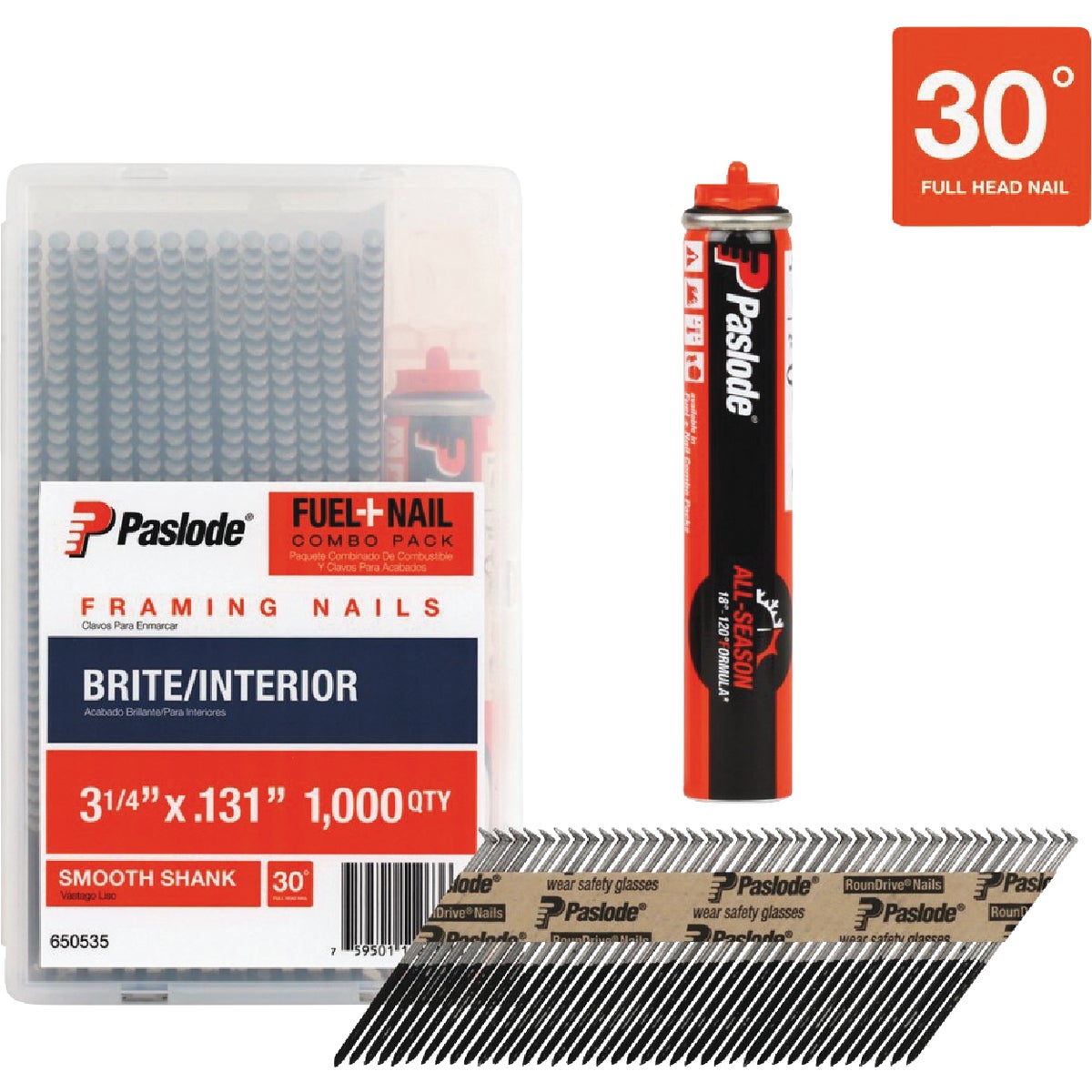 Paslode 3-1/4 In. x 0.131 In. 30 Degree Paper Tape Brite Smooth Shank RounDrive Framing Nails with (1) Framing Fuel Cell (1000 Ct.) Image 1