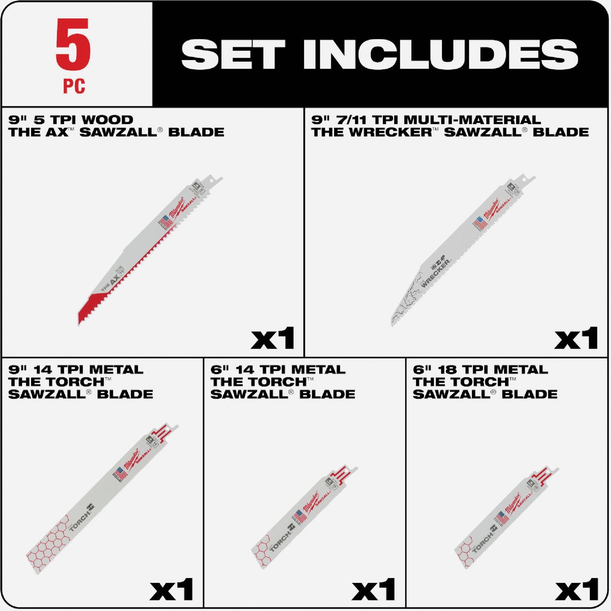 Milwaukee SAWZALL Demolition Reciprocating Saw Blade Set (5-Piece) Image 2