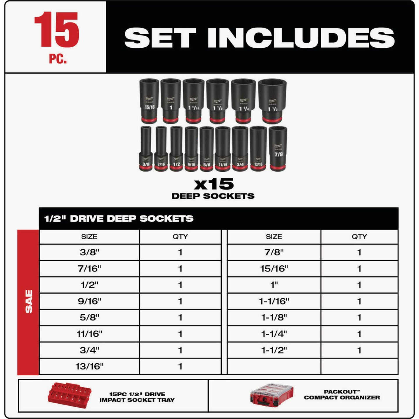 Milwaukee SHOCKWAVE Standard 1/2 In. Drive 6-Point Deep Impact Driver Set with PACKOUT Organizer (15-Piece) Image 4