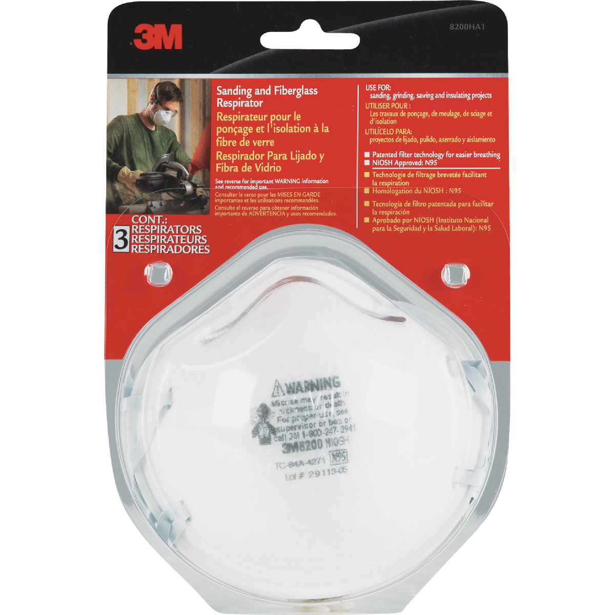 3M N95 Particulate Respirator for Sanding & Fiberglass (3-Pack) Image 2
