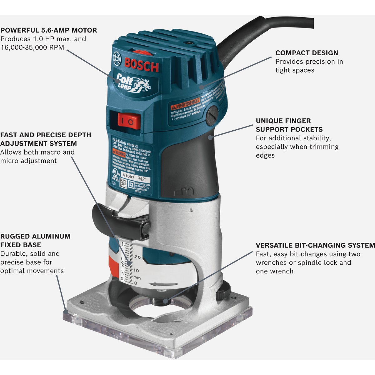 Bosch 5.6-Amp 1.0 HP Variable-Speed Fixed Base Palm Router Image 2