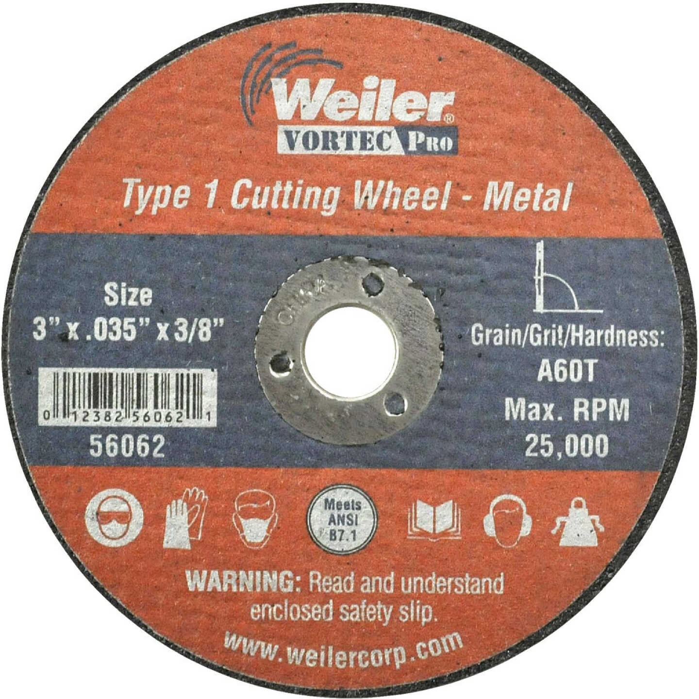 Weiler Vortec Type 1 3 In. x 1/32 In. x 3/8 In. Metal/Plastic Cut-Off Wheel Image 1