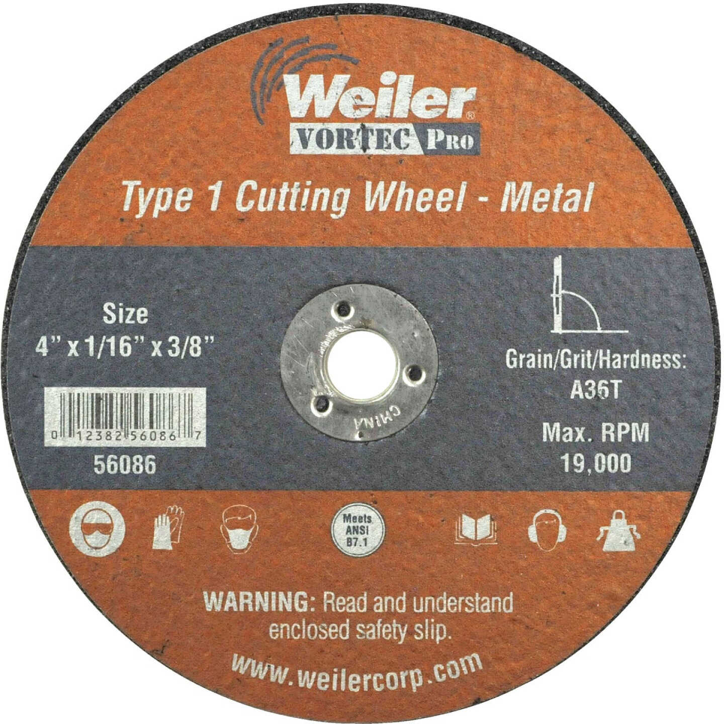 Weiler Vortec Type 1 4 In. x 1/16 In. x 3/8 In. Metal/Plastic Cut-Off Wheel Image 1
