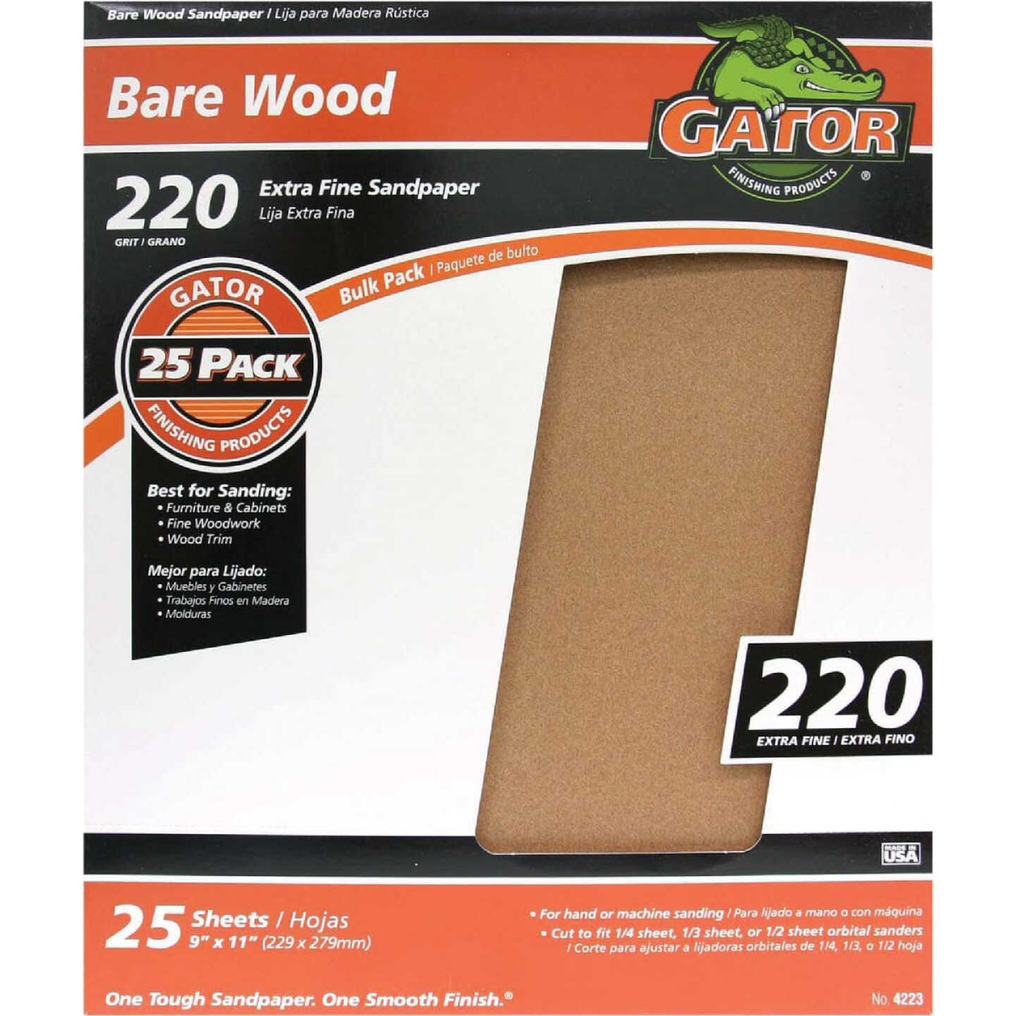 Gator Blade Bare Wood 9 In. x 11 In. 220 Grit Extra Fine Sandpaper (25-Pack) Image 1