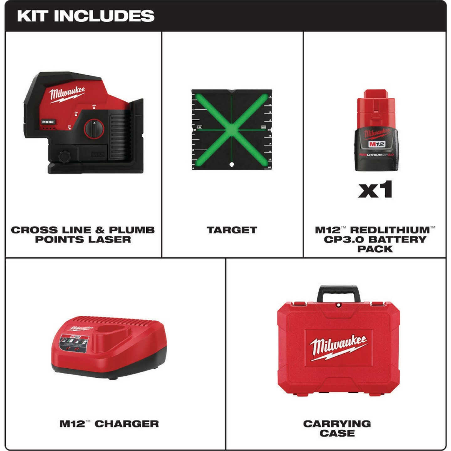 Milwaukee M12 Green Cross Line & Plumb Points Laser Kit Image 3