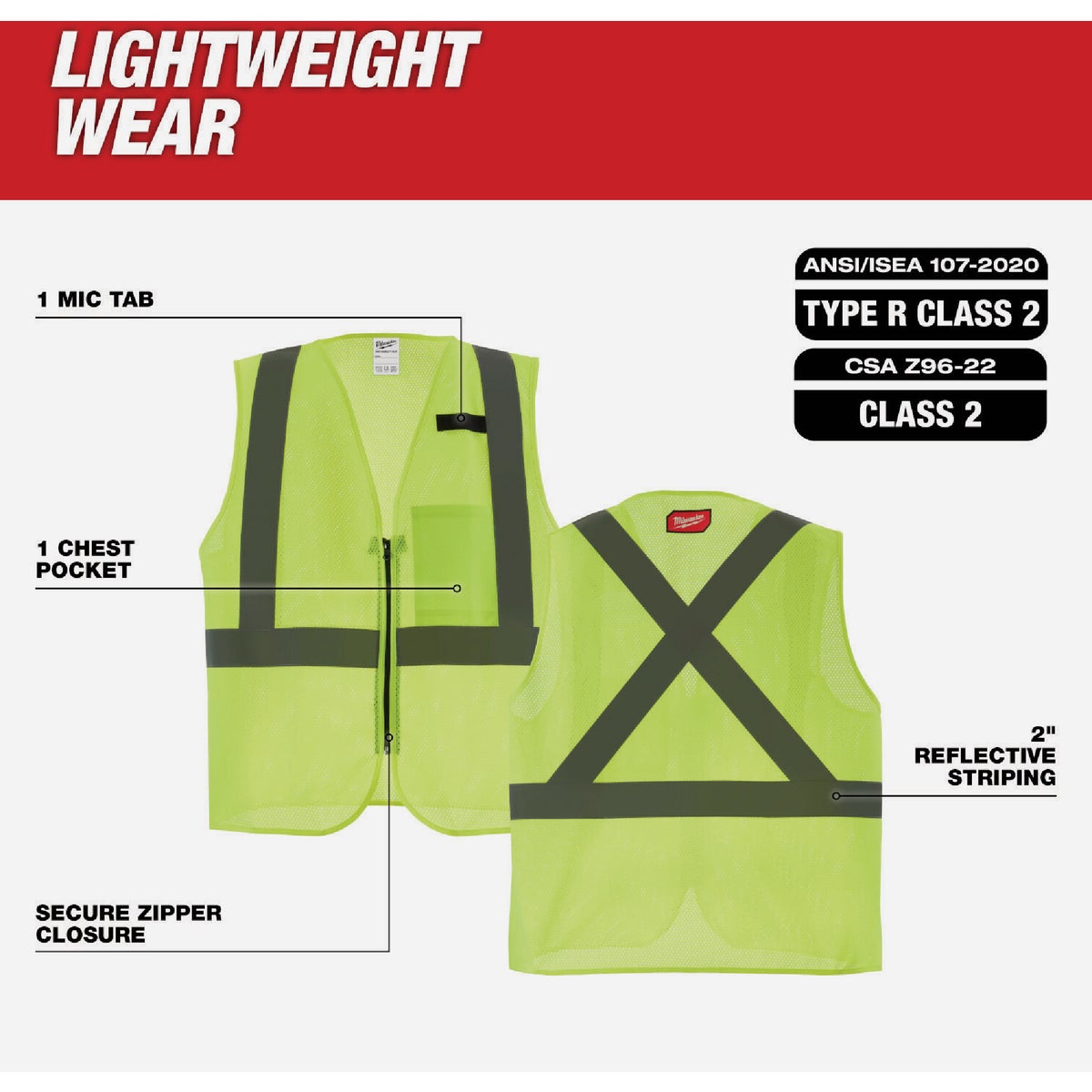 Milwaukee Class 2 High Visibility Yellow Mesh One Pocket Safety Vest, 2X/3X Image 2