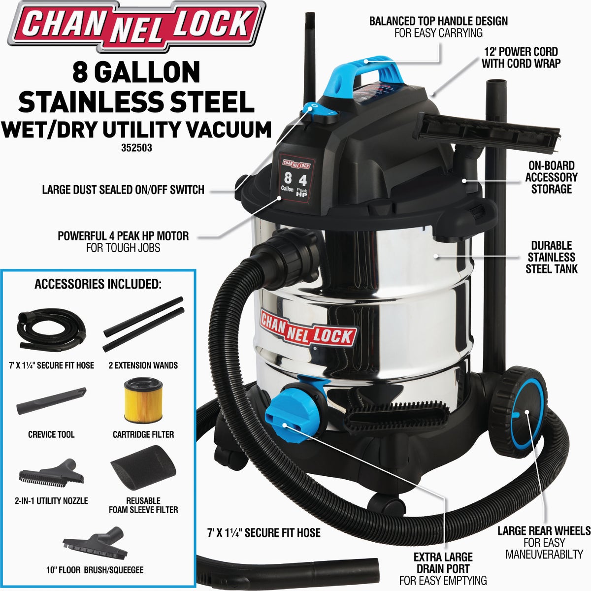 Channellock 8 Gal. 4.0-Peak HP Stainless Steel Wet/Dry Vacuum Image 9