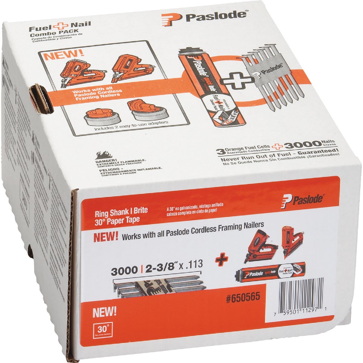 Paslode 2-3/8 In. x 0.113 In. 30 Degree Paper Tape Brite Ring Shank RounDrive Framing Nails with (3) Framing Fuel Cells (3000 Ct.)
