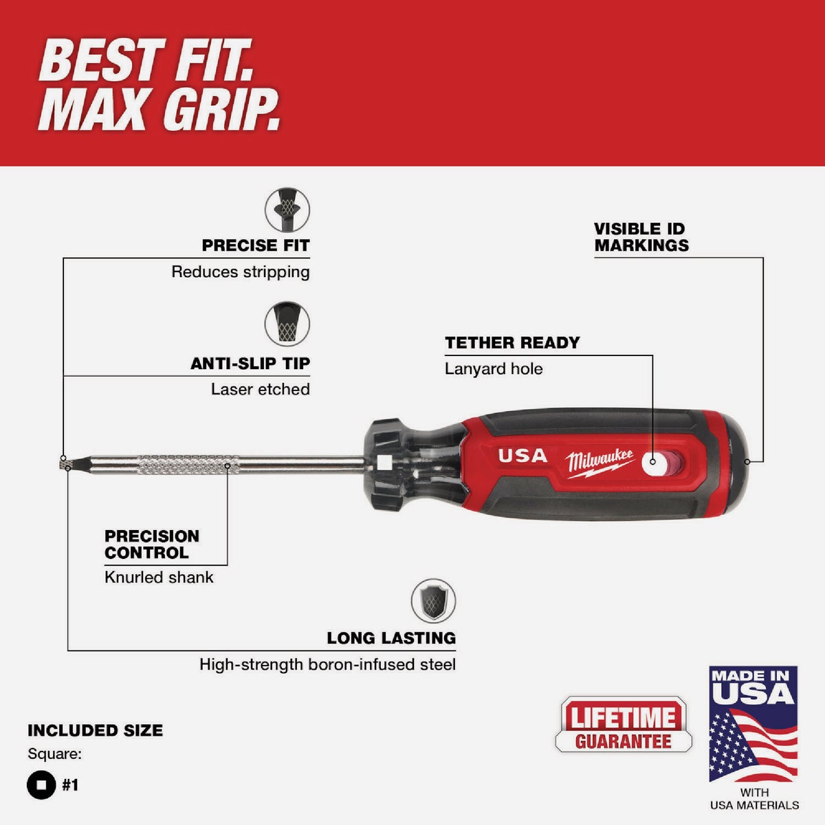 Milwaukee #1 x 3 In. Square Recess Cushion Grip Screwdriver (USA) Image 3