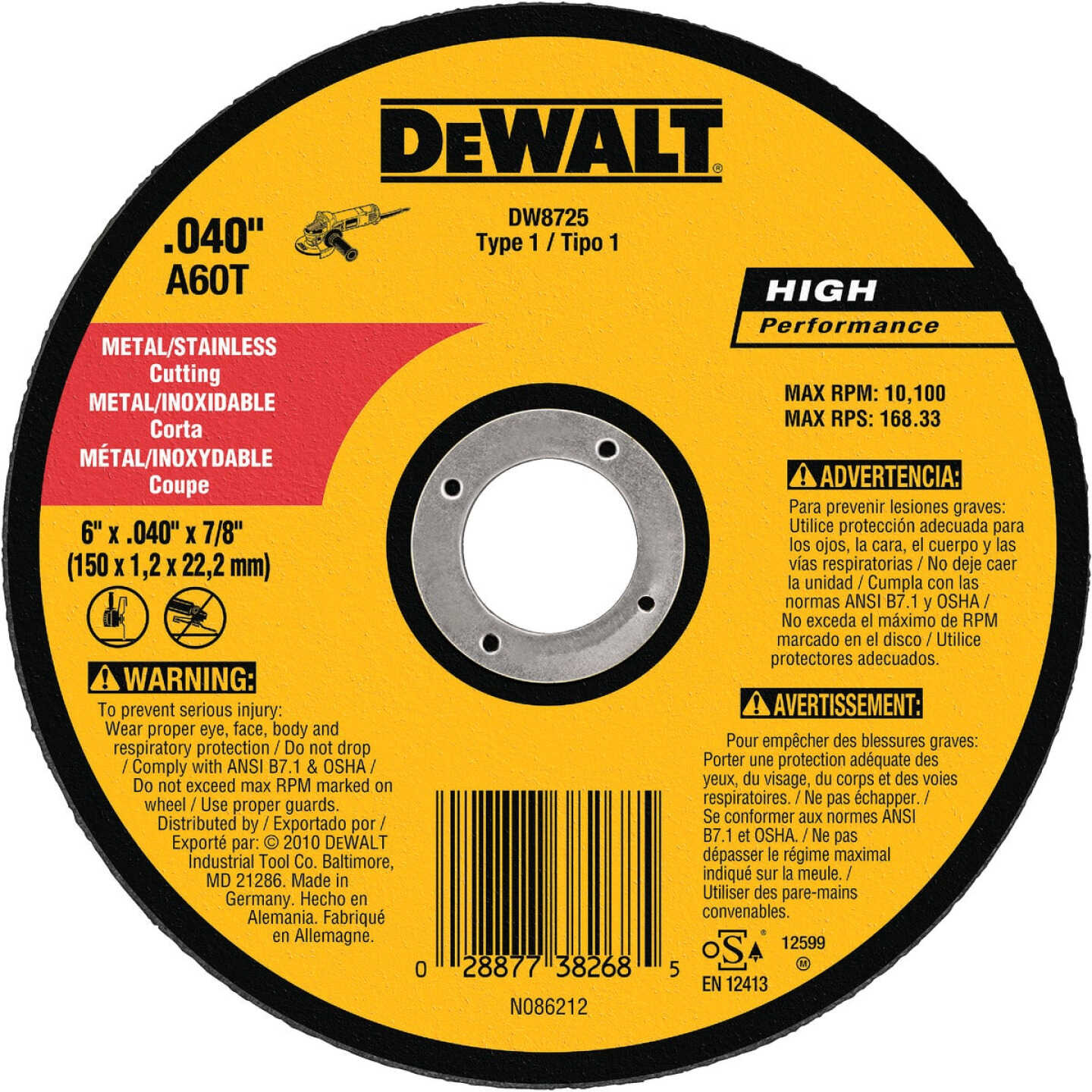 DEWALT HP Type 1 6 In. x 0.045 In. x 7/8 In. Metal/Stainless Cut-Off Wheel Image 1