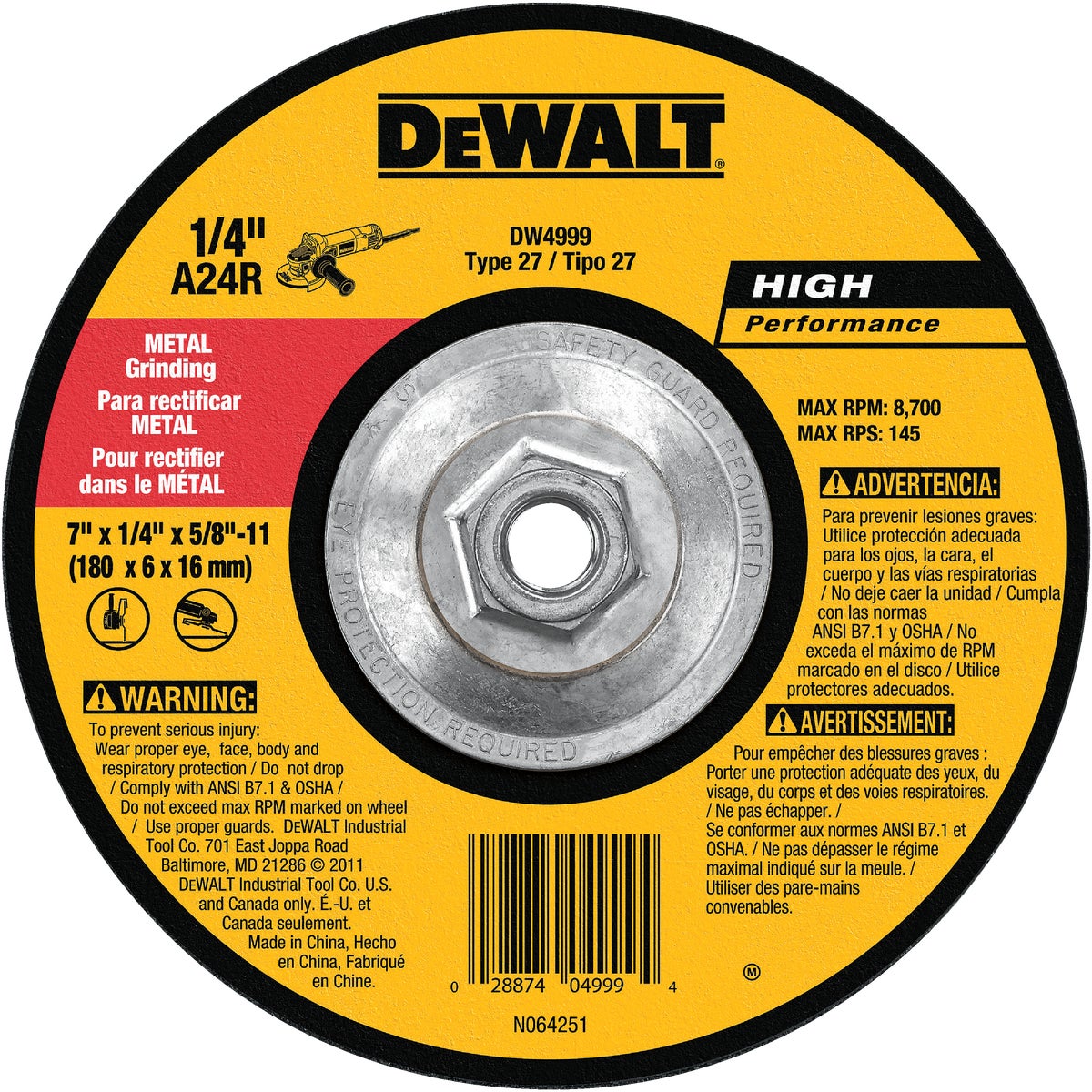 DEWALT HP Type 27 7 In. x 1/4 In. x 5/8 In.-11 Metal Grinding Cut-Off Wheel Image 1
