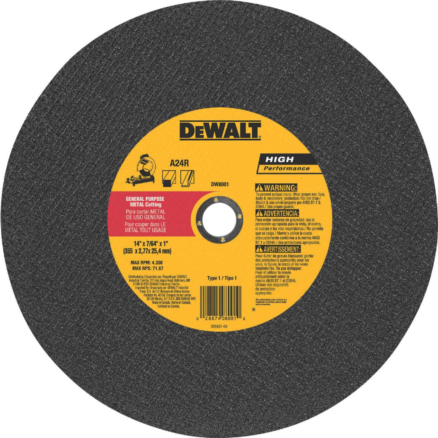 DEWALT HP Type 1 14 In. x 7/64 In. x 1 In. Metal Cut-Off Wheel Image 1