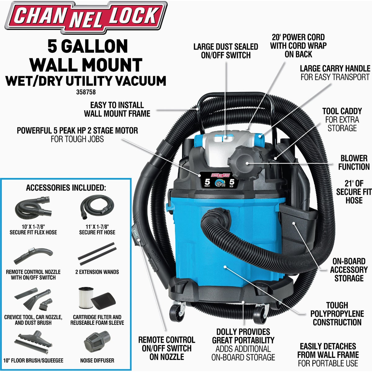 Channellock 5 Gal. 5.0-Peak HP Wall Mount Wet/Dry Vacuum Image 7