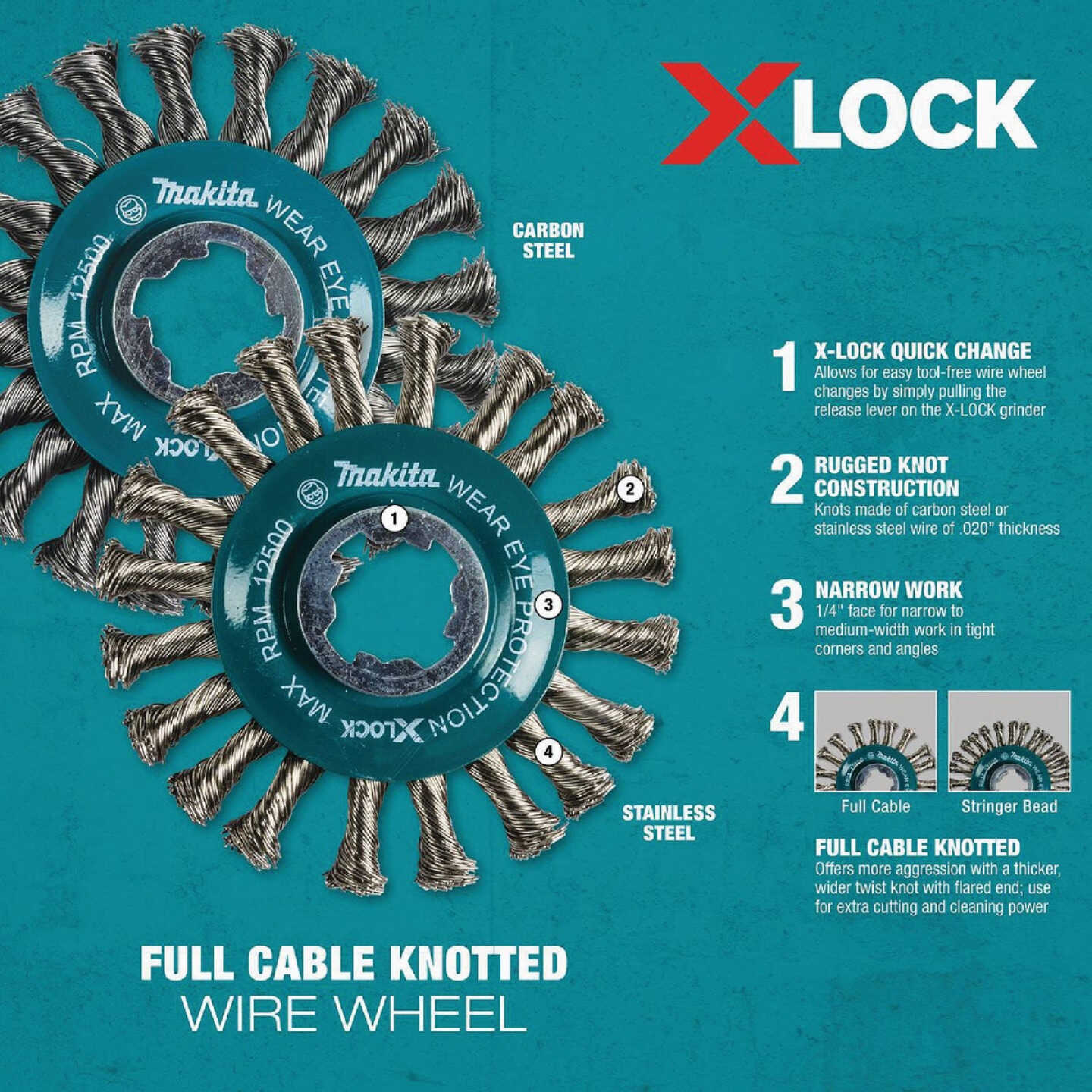 Makita X-LOCK 4-1/2 In. Full Cable Knotted Twist Carbon Steel Angle Grinder Wire Wheel Image 5