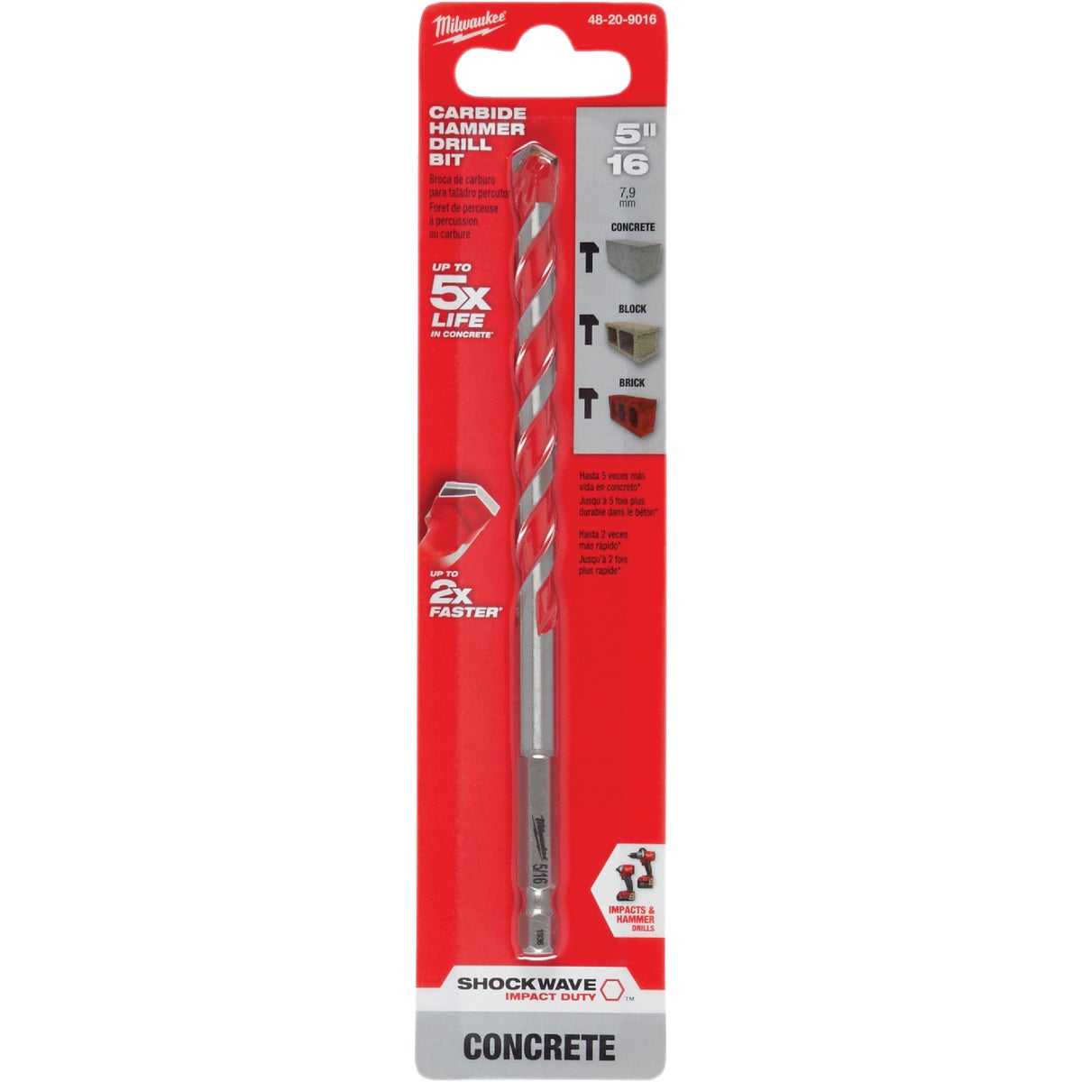Milwaukee SHOCKWAVE 5/16 In. x 6 In. Impact Duty Masonry Carbide Hammer Drill Bit Image 1
