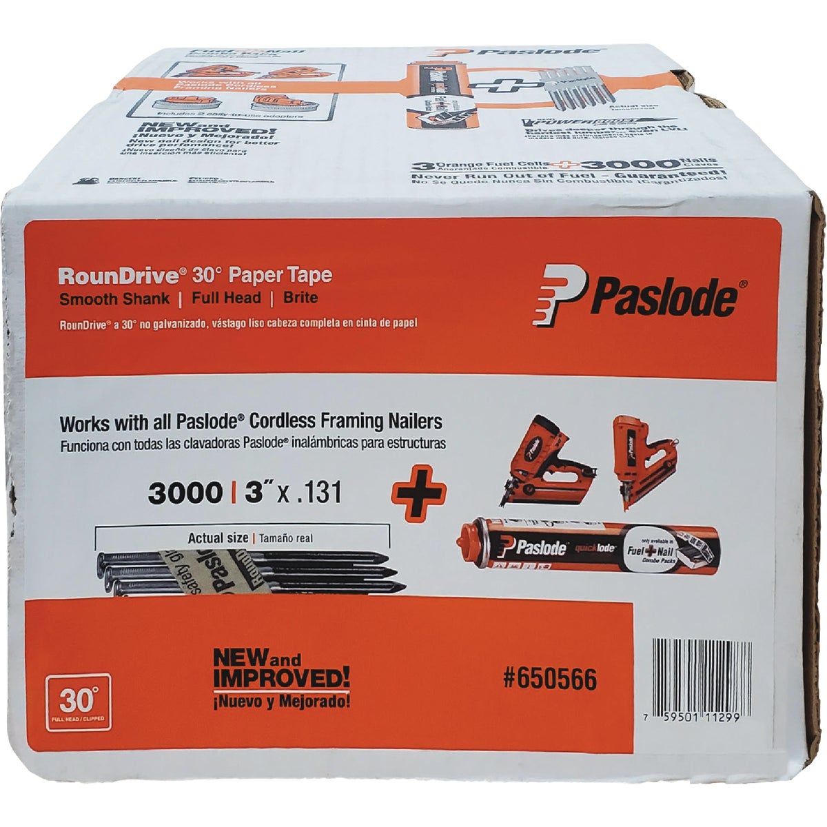 Paslode 3 In. x 0.131 In. 30 Degree Paper Tape Brite Smooth Shank RounDrive Framing Nails with (3) Framing Fuel Cells (3000 Ct.) Image 1