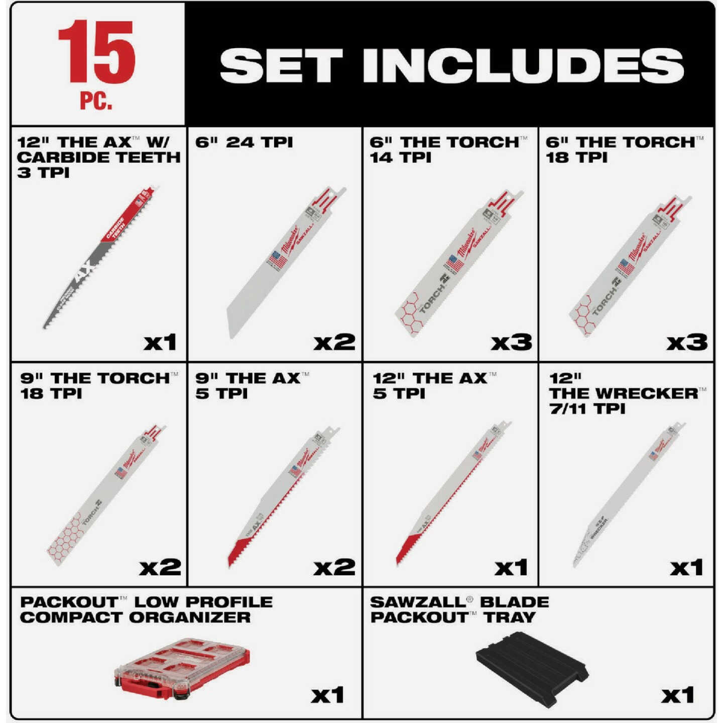 Milwaukee SAWZALL 15-Piece Reciprocating Saw Blade Set with PACKOUT Organizer Image 2