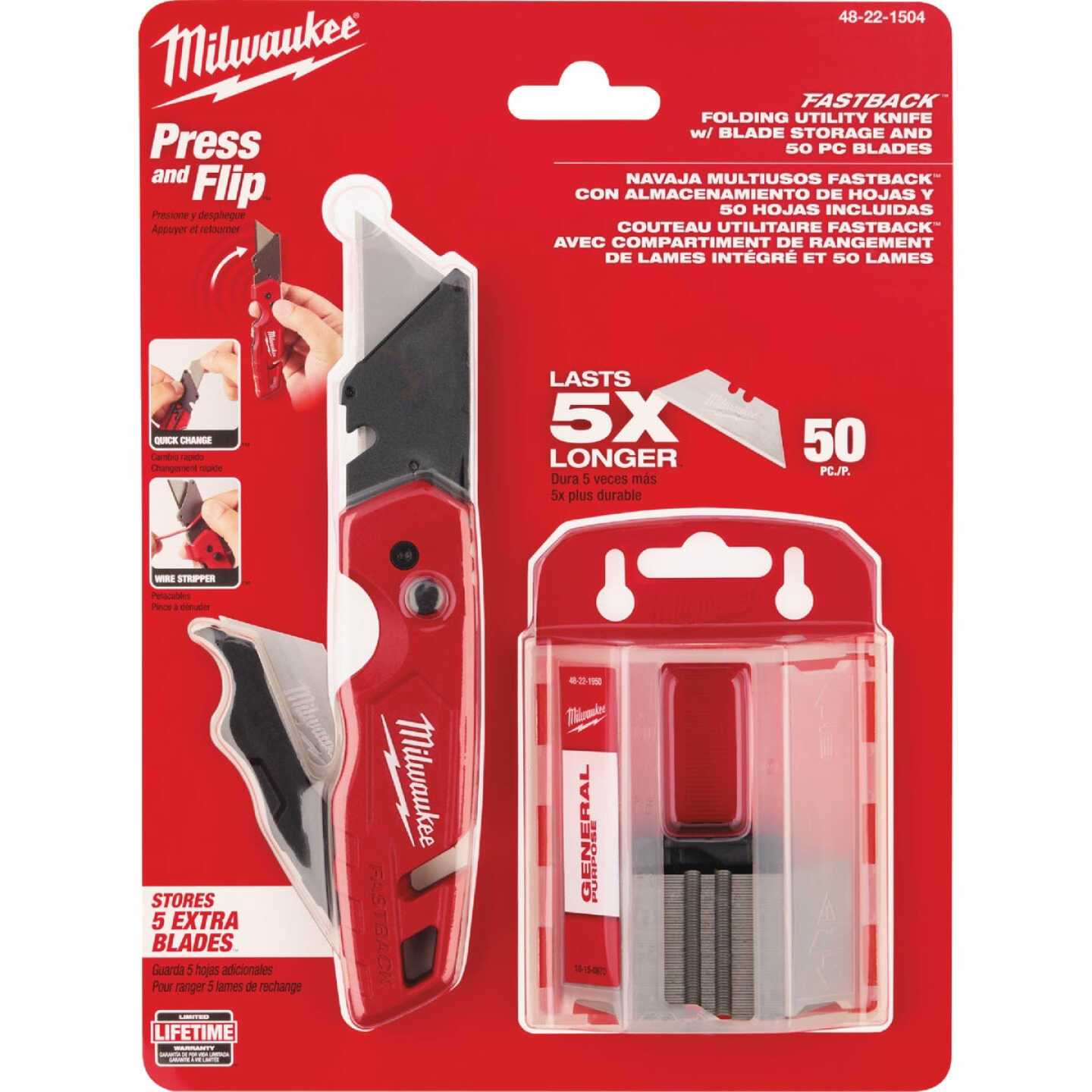 Milwaukee FASTBACK Folding Utility Knife with Storage & 50-Piece General Purpose Blades Image 2
