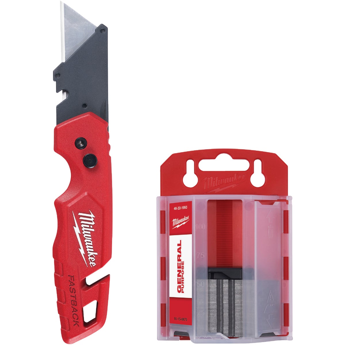 Milwaukee FASTBACK Folding Utility Knife with Storage & 50-Piece General Purpose Blades Image 1