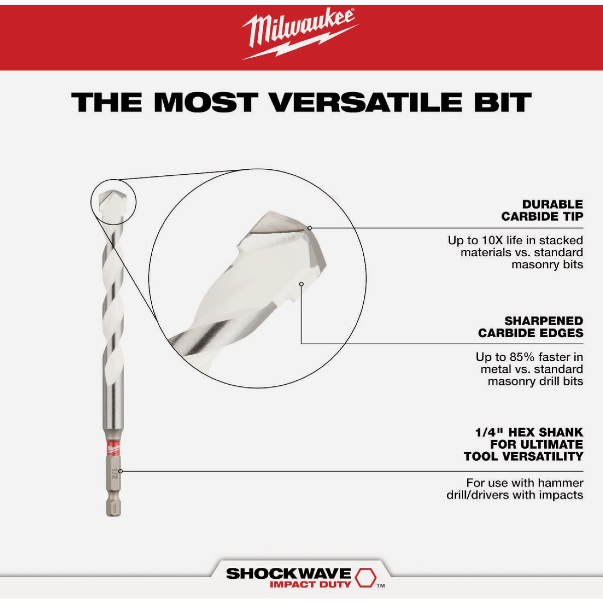 Milwaukee SHOCKWAVE 1/2 In. x 12 In. Impact Duty Carbide Multi-Material Hex Shank Drill Bit Image 2