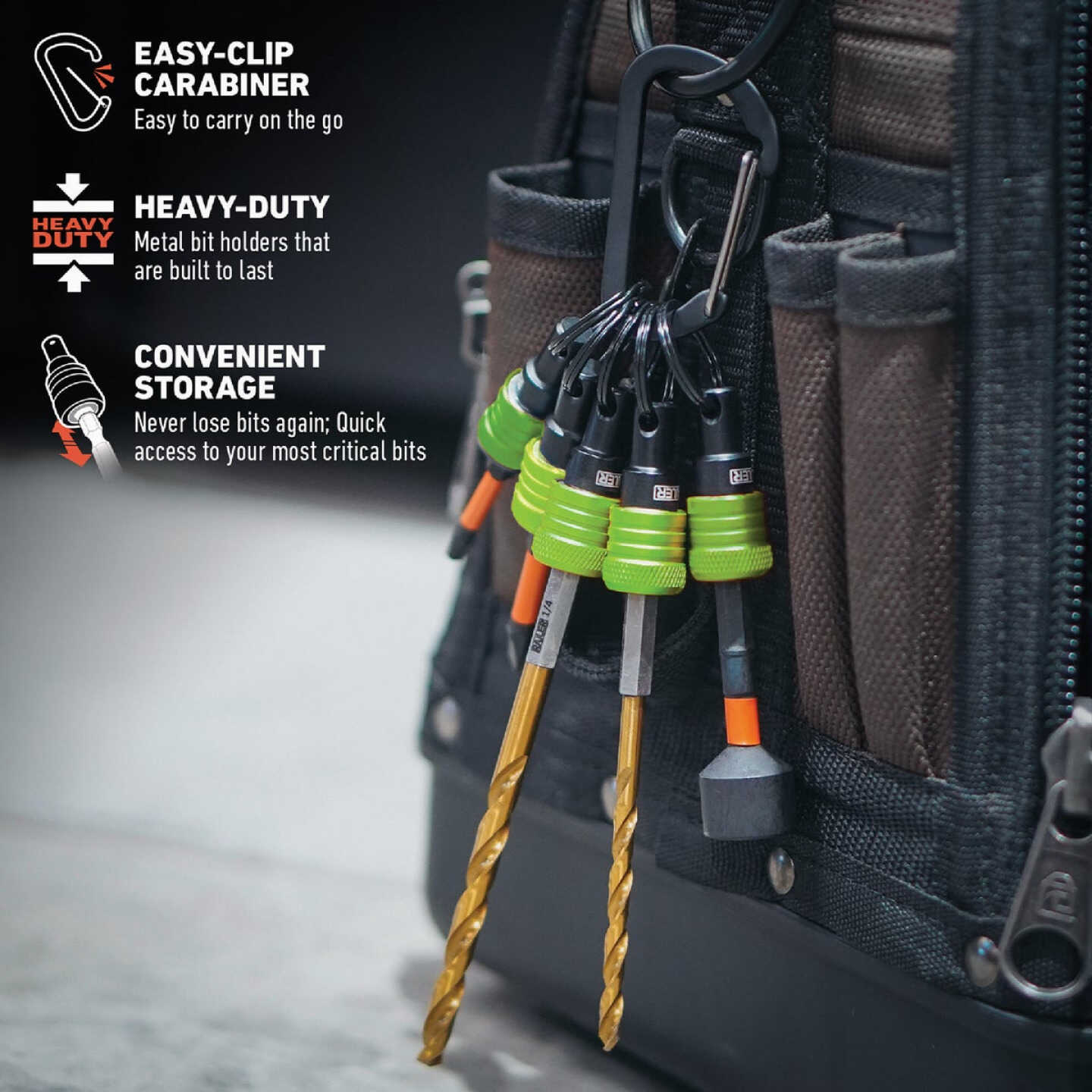 Railer Bit Holder Keychain with (5) Hi Vis Green Hex Shank Bit Holders Image 4