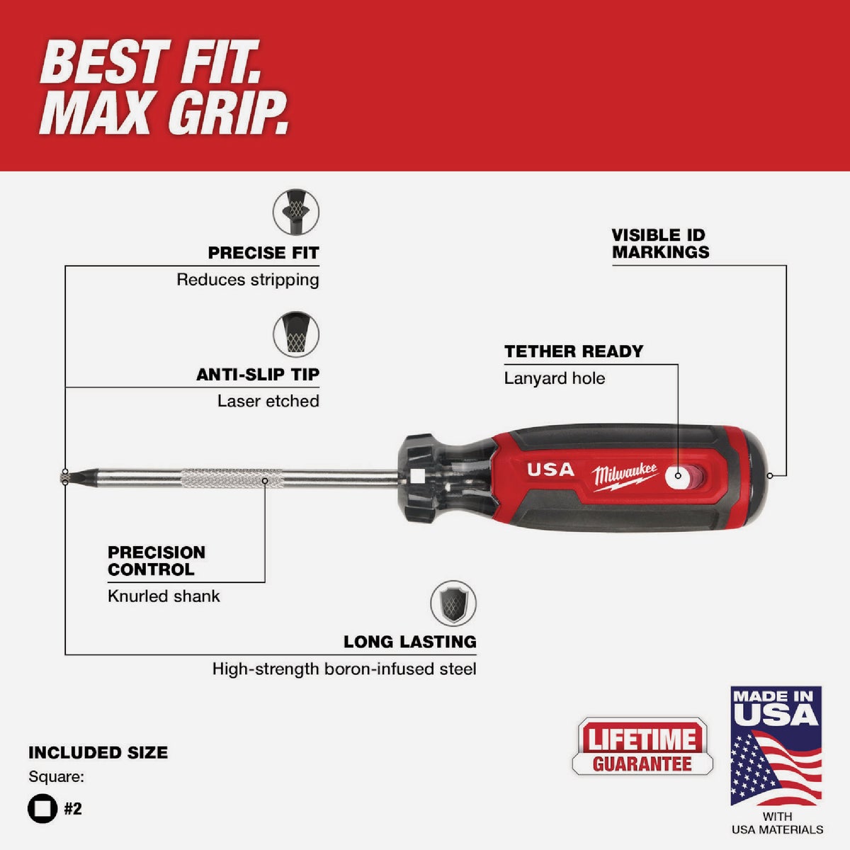 Milwaukee #2 x 4 In. Square Recess Cushion Grip Screwdriver (USA) Image 3