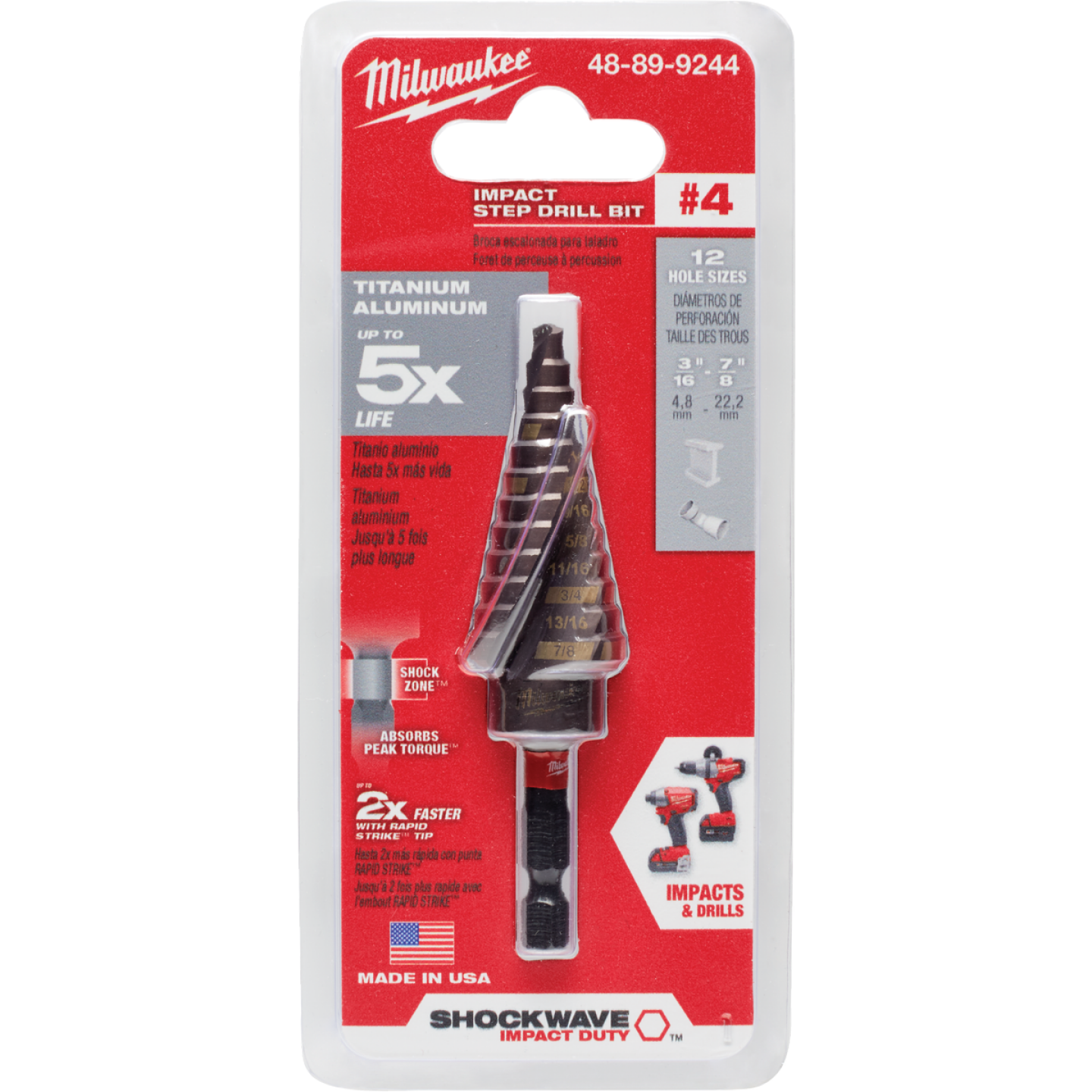 Milwaukee Shockwave Impact Duty 3/16 In. - 7/8 In. #4 Step Drill Bit, 12 Steps Image 1