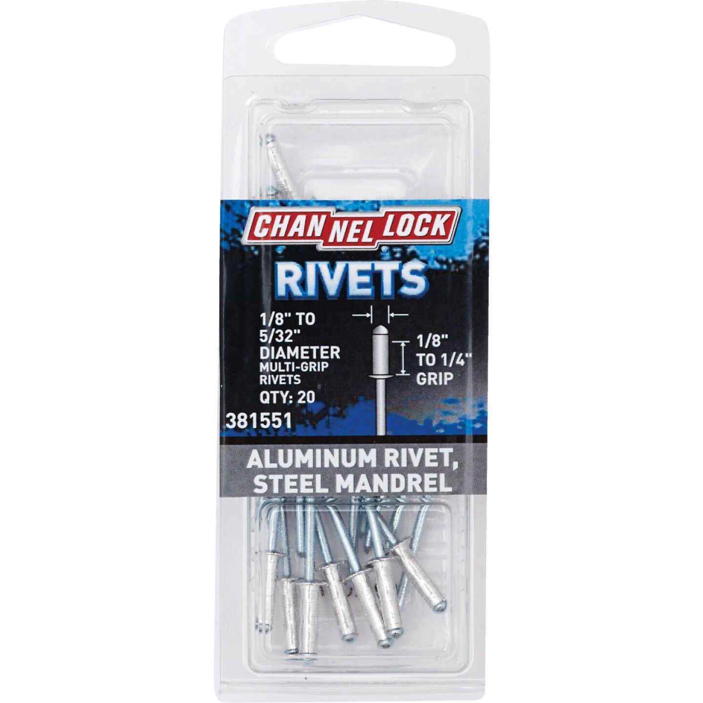 Channellock 1/8 In. to 5/32 In. Dia. x 0.151 In. to 0.315 In. Grip Aluminum Multigrip POP Rivet (20-Pack) Image 1