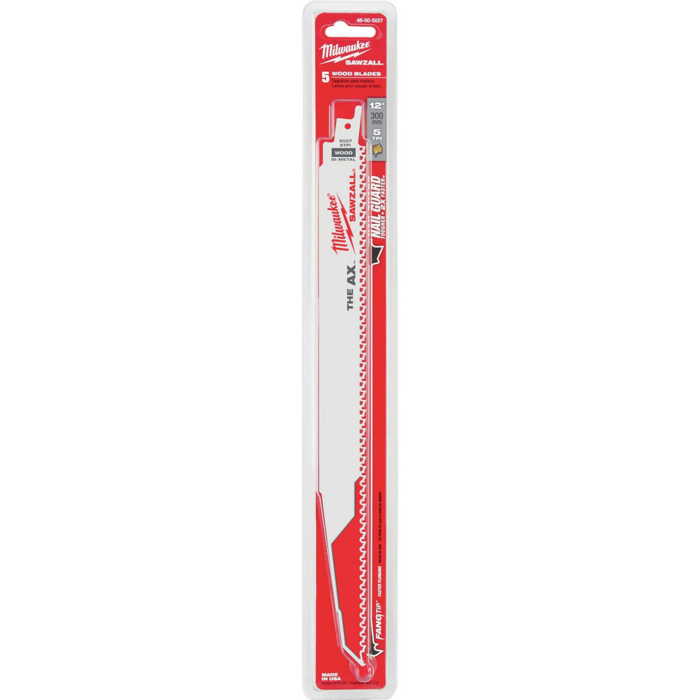 Milwaukee SAWZALL The AX 12 In. 5 TPI Wood with Nails Demolition Reciprocating Saw Blade (5-Pack) Image 2