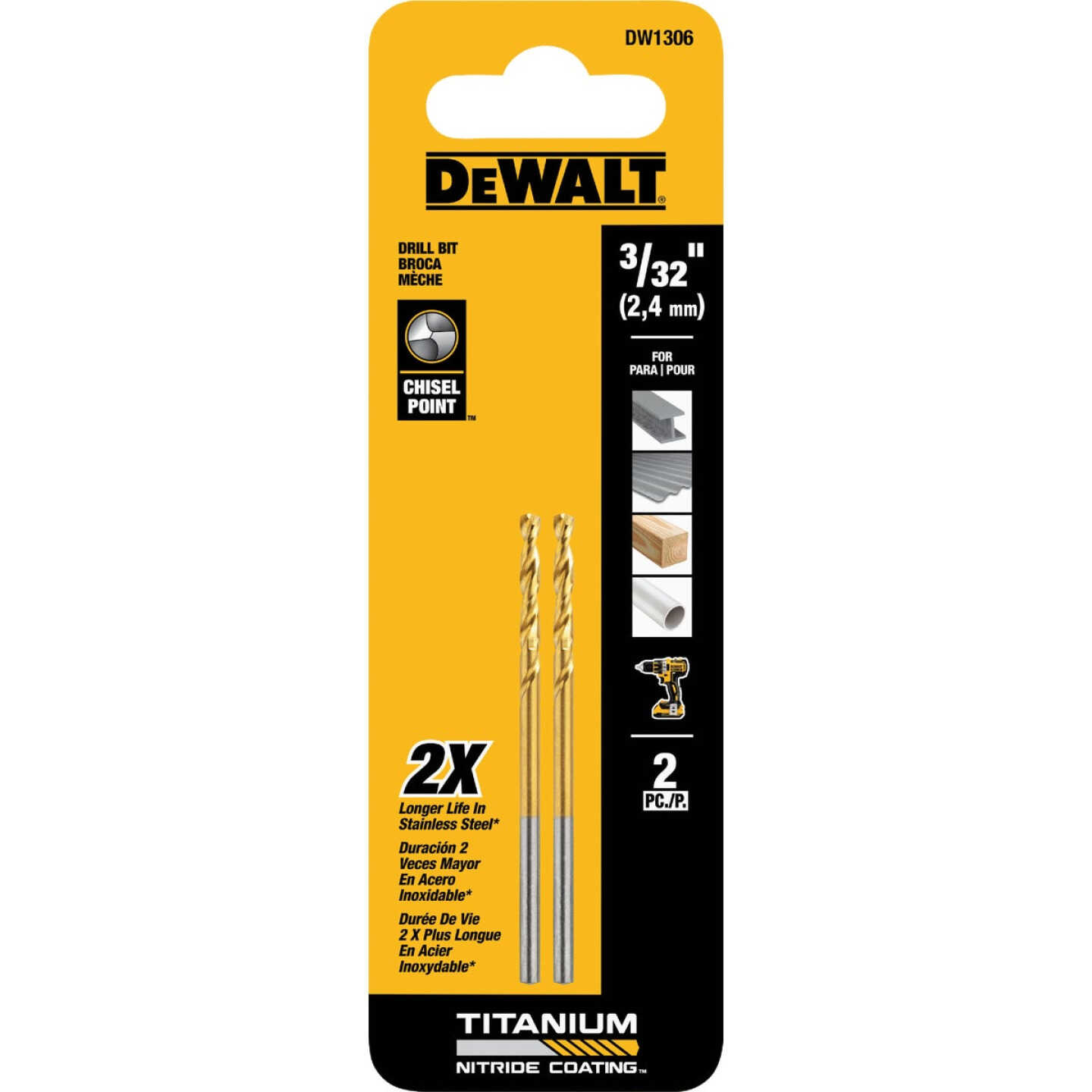Dewalt 3/32 In. Titanium Nitride Coated HSS Jobber Length Twist Drill Bit (2-Pack) Image 1