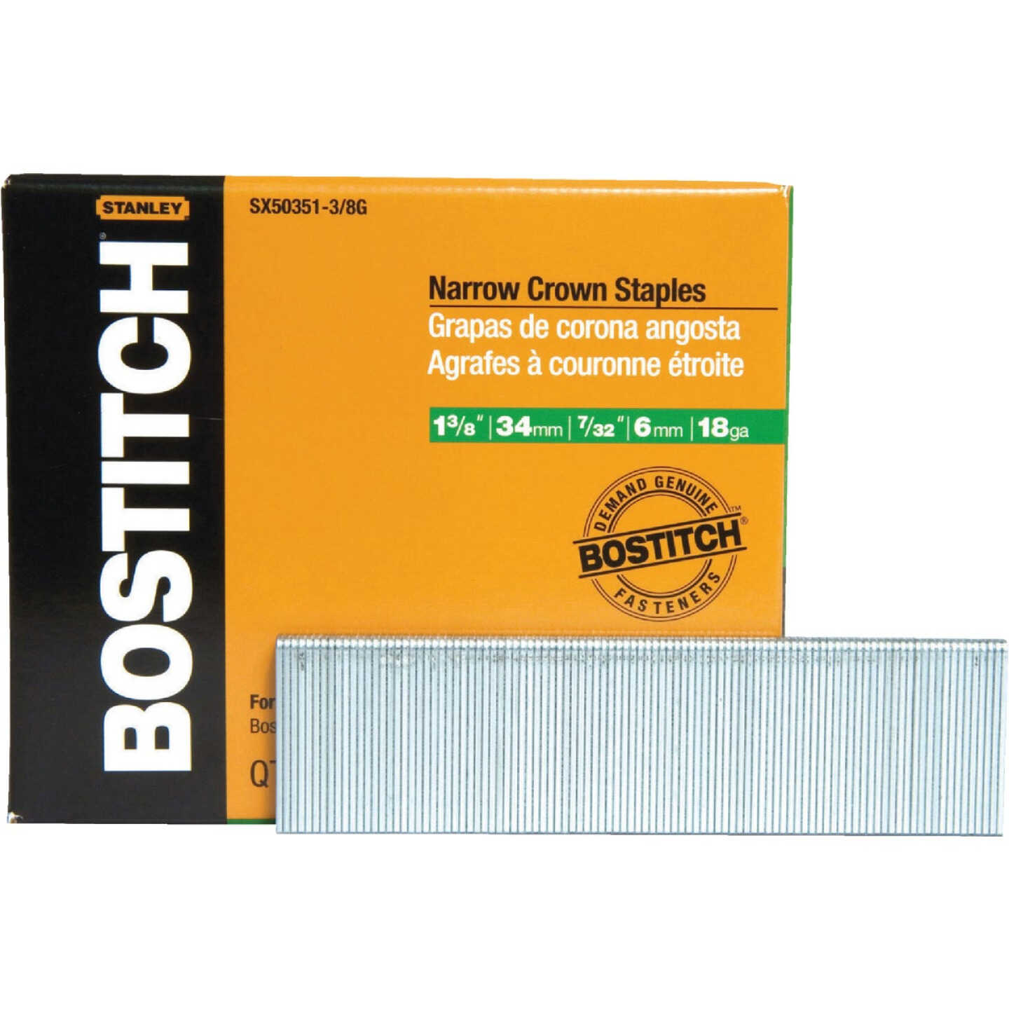 Bostitch 18-Gauge Galvanized Narrow Crown Finish Staple, 7/32 In. x 1-3/8 In. (3000 Ct.) Image 1