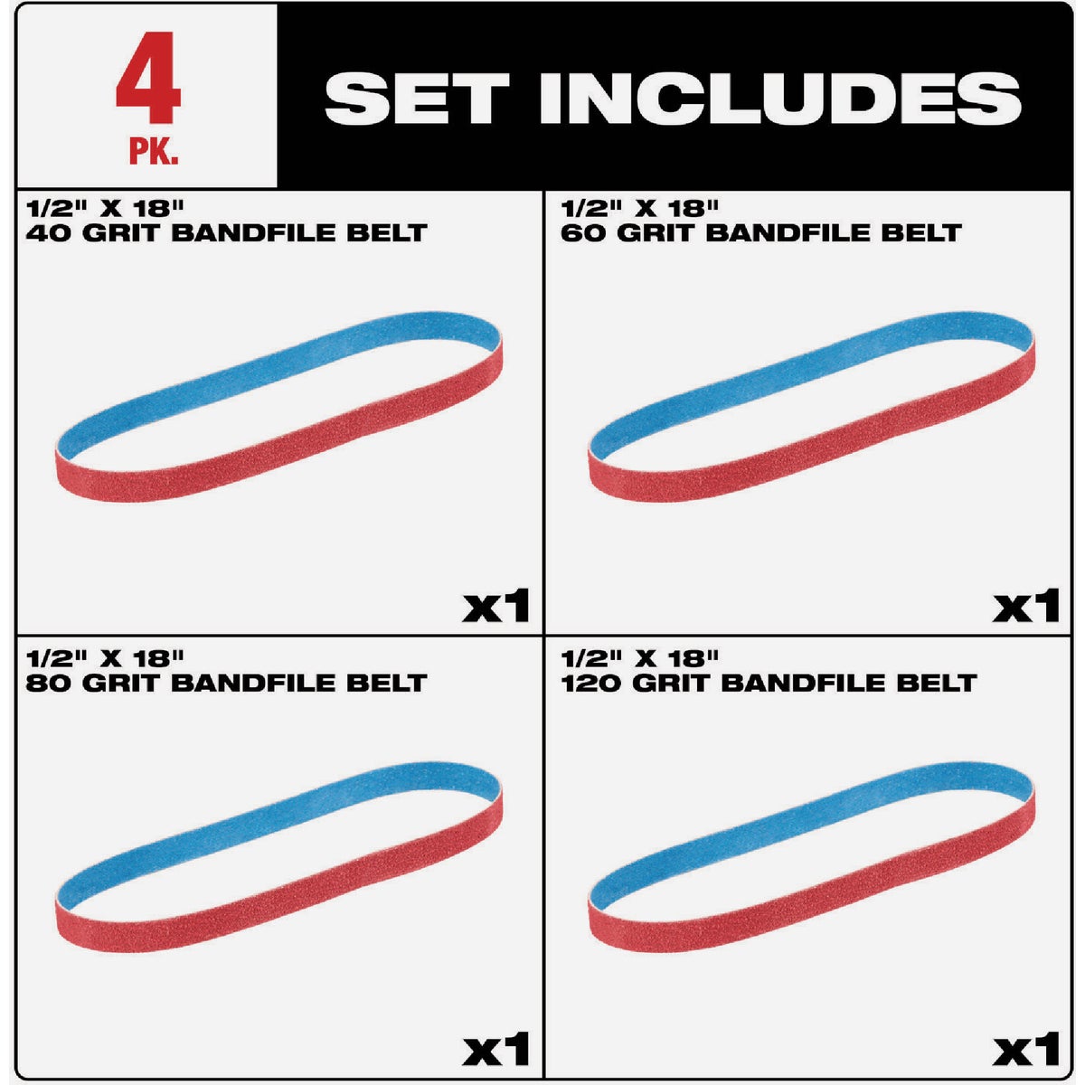 Milwaukee 1/2 In. x 18 In. 40/60/80/120 Grit Bandfile Variety Pack (4-Pack) Image 2