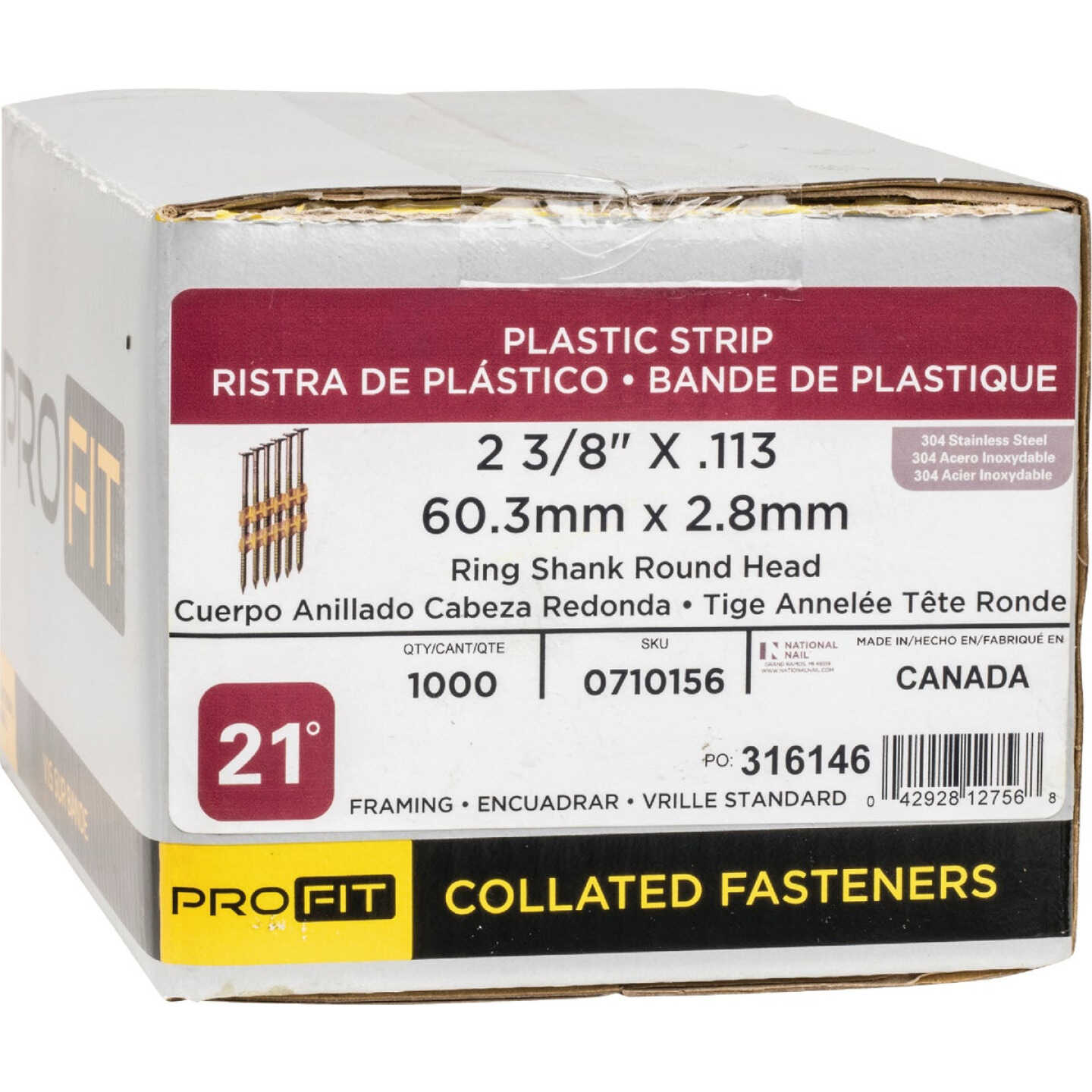 Pro-Fit 2-3/8 In. x 0.113 In. 21 Degree Plastic Strip Ring Shank Round Head Stainles Steel Framing Stick Nails (1000 Ct.) Image 2
