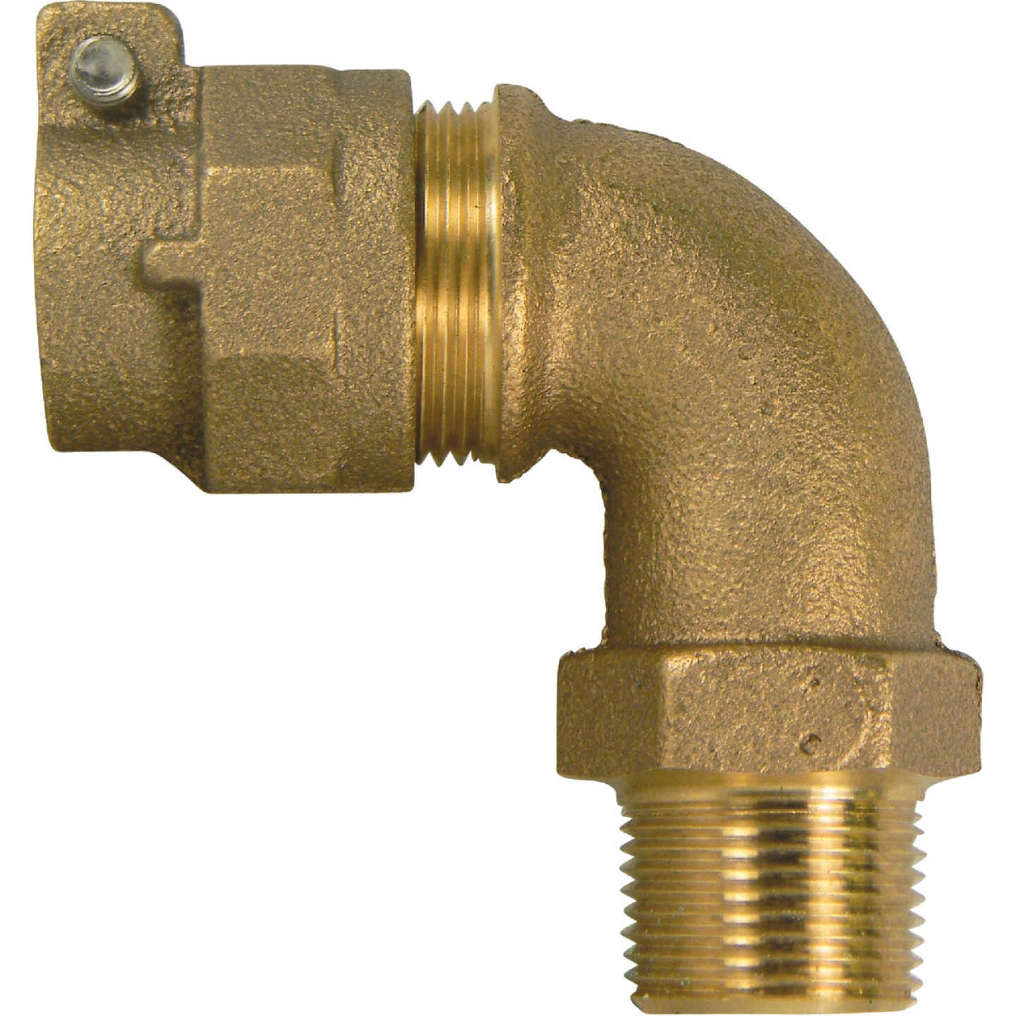 Anderson Metals 1 In. 90 Deg. Brass Elbow, MIP Polyethylene Pipe Connector (1/4 Bend) Image 1