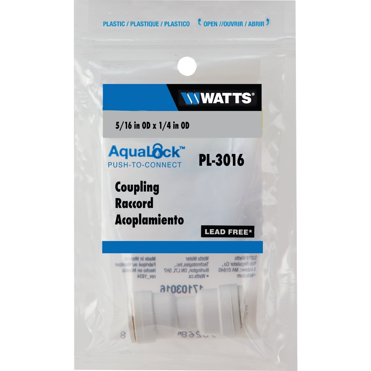 Watts 5/16 In. x 1/4 In. OD Tubing Quick Connect Plastic Coupling Image 2