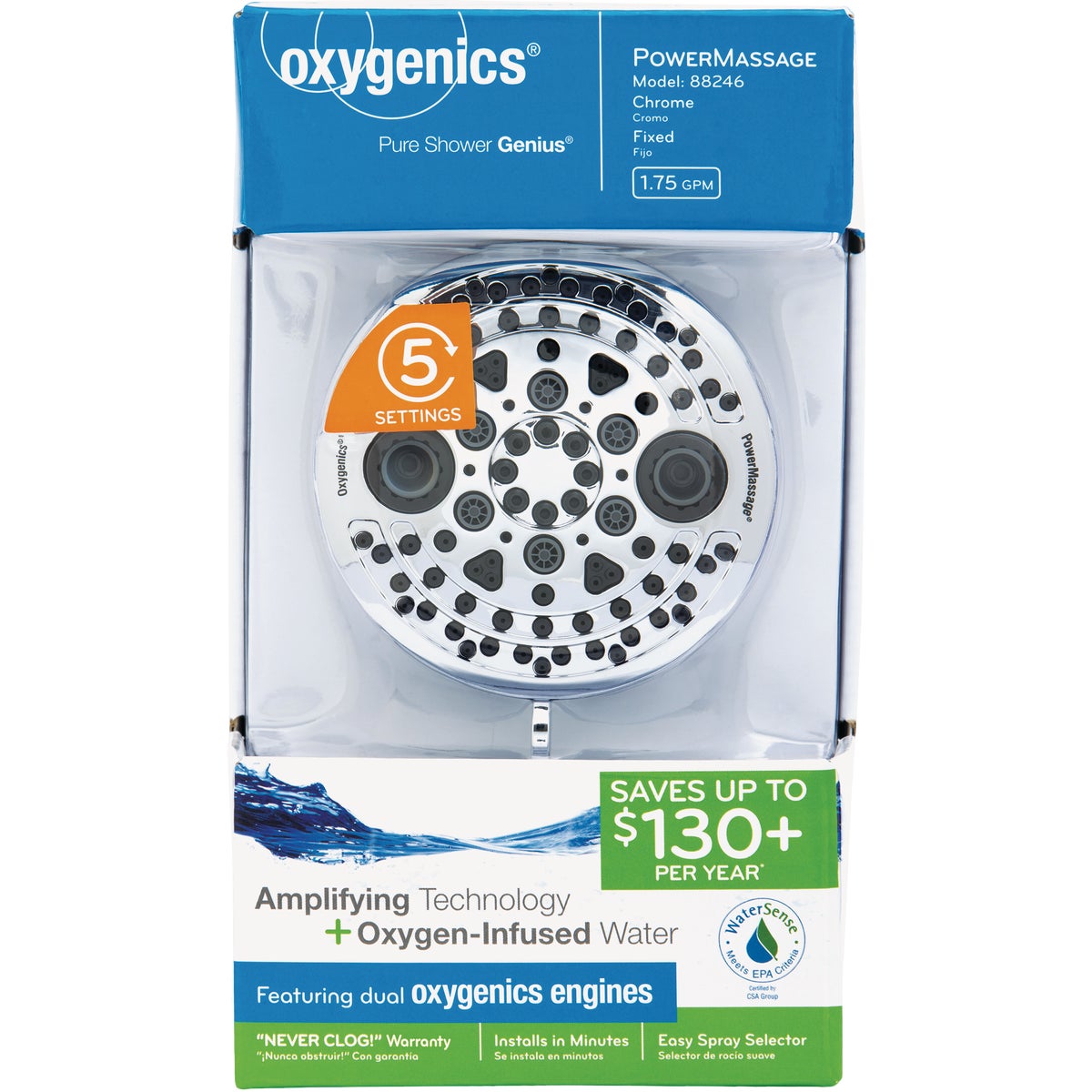 Oxygenics PowerMassage 5-Spray 1.75 GPM Fixed Shower Head, Chrome Image 2