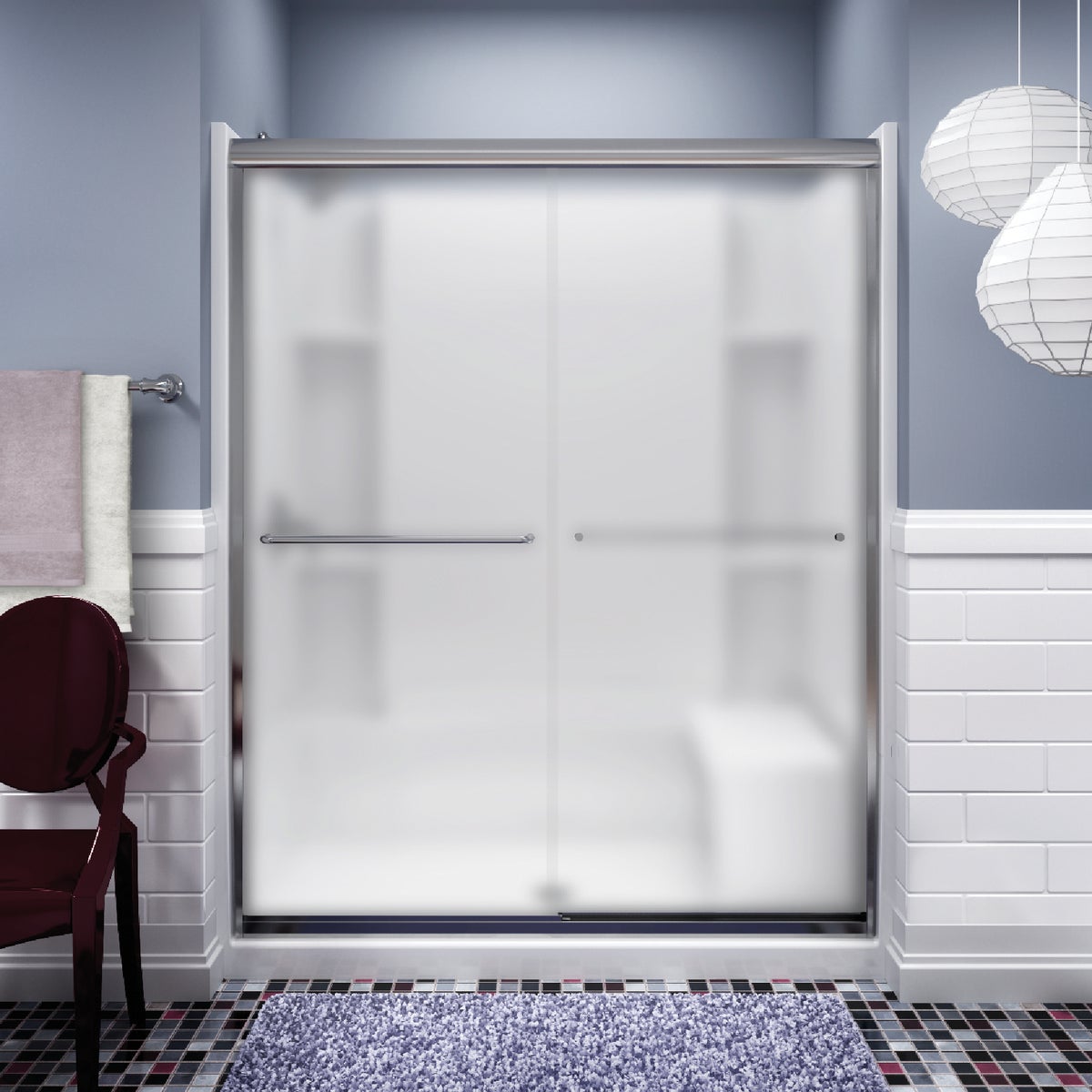 Sterling Finesse 59-5/8 In. W. X 70-1/16 In. H. Chrome Frameless Frosted Glass Sliding Shower Door Image 1