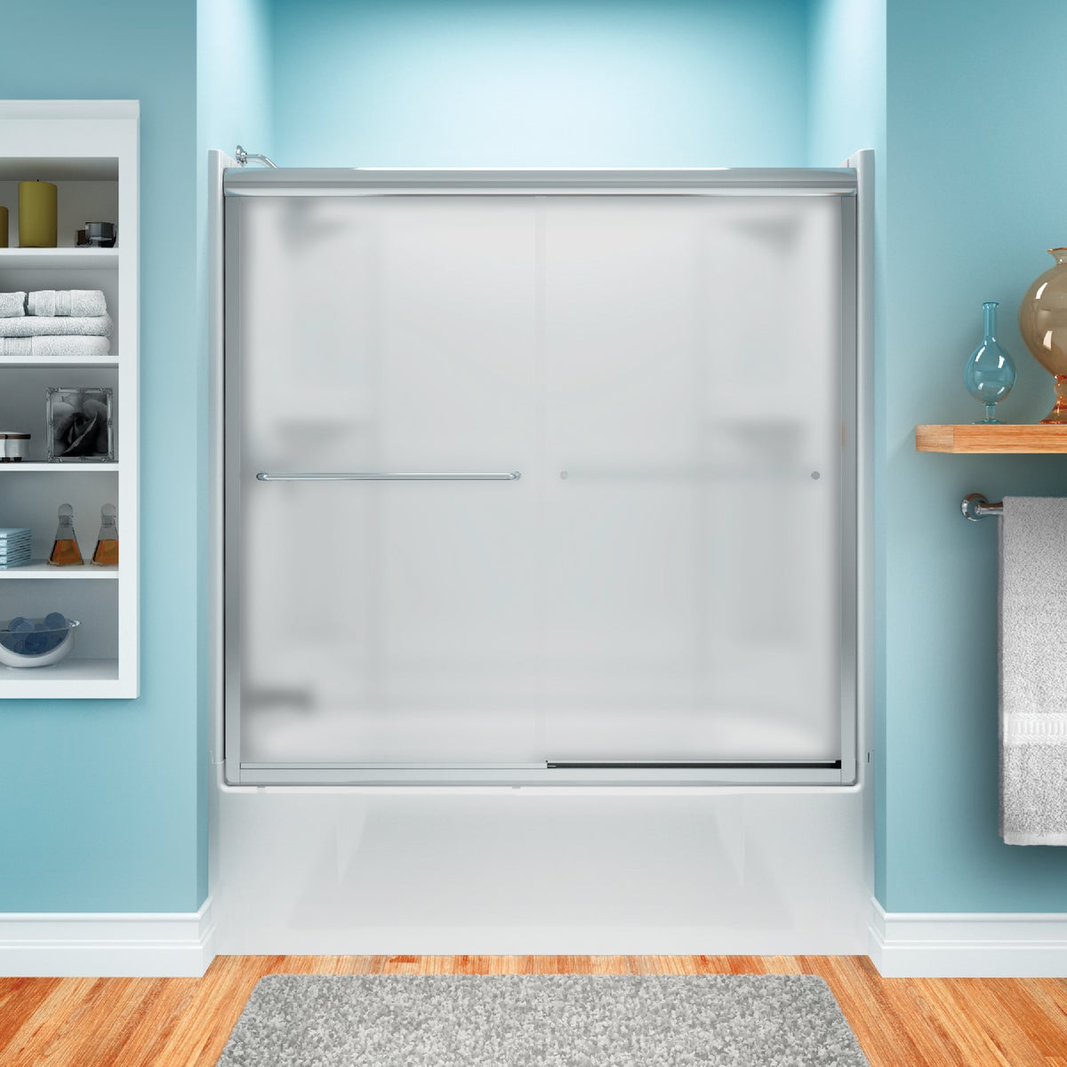 Sterling Finesse 59-5/8 In. W X 55-3/4 In. H Chrome Semi-Frameless Frosted Glass Sliding Tub Door