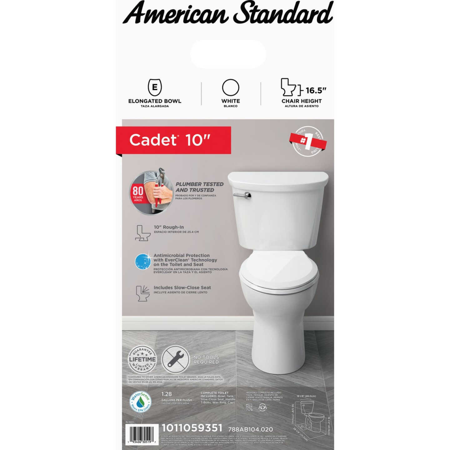 American Standard Cadet 10 In. Rough-In White Chair Height Elongated Bowl 1.28 GPF Toilet Image 7