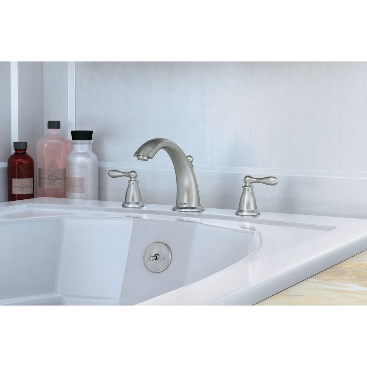 Moen Caldwell 2-Handle Lever Widespread Roman Bathtub Faucet, Spot Resist Brushed Nickel Image 2