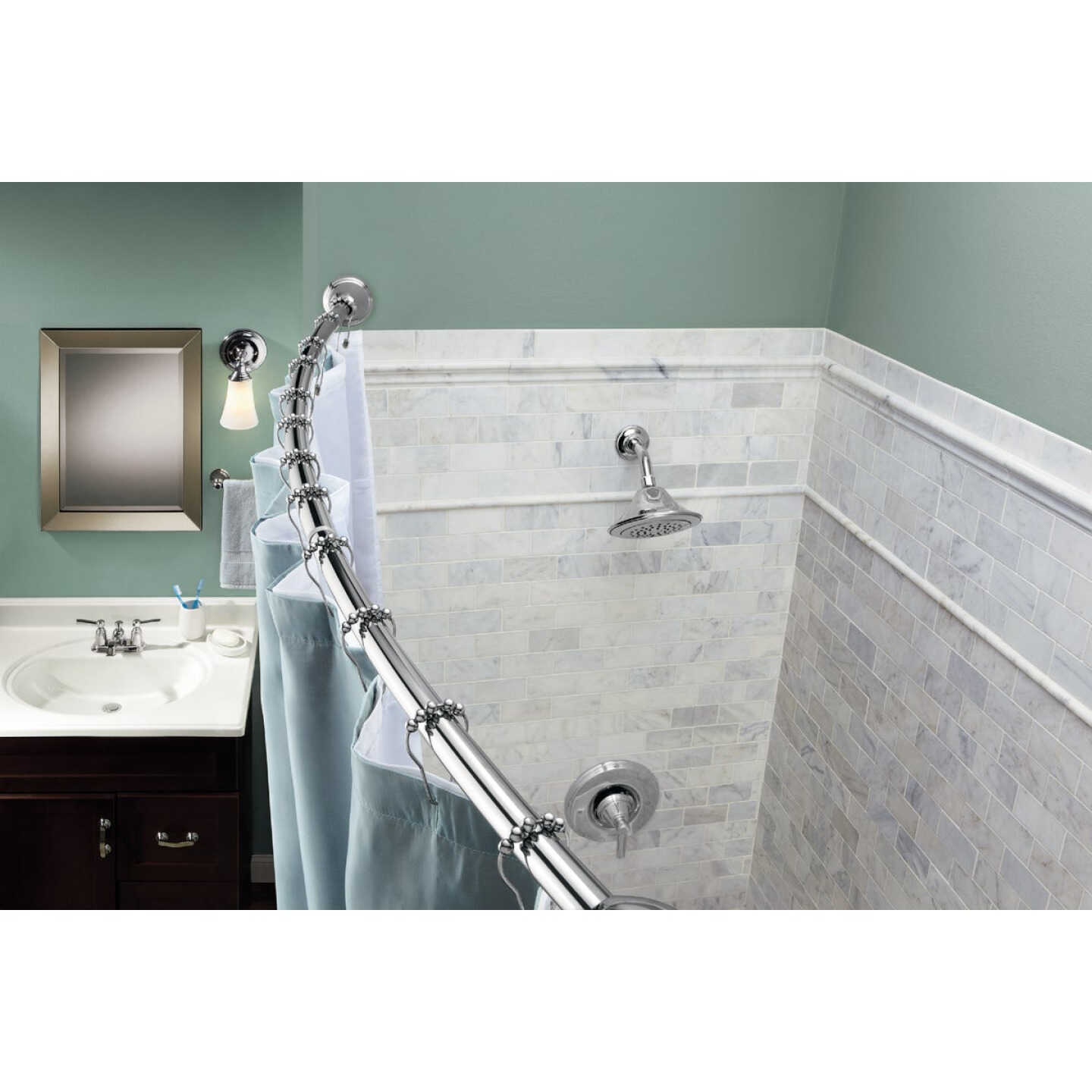 Moen 57 In. To 60 In. Curved Tension Shower Rod with Pivoting Flanges, Chrome Image 1