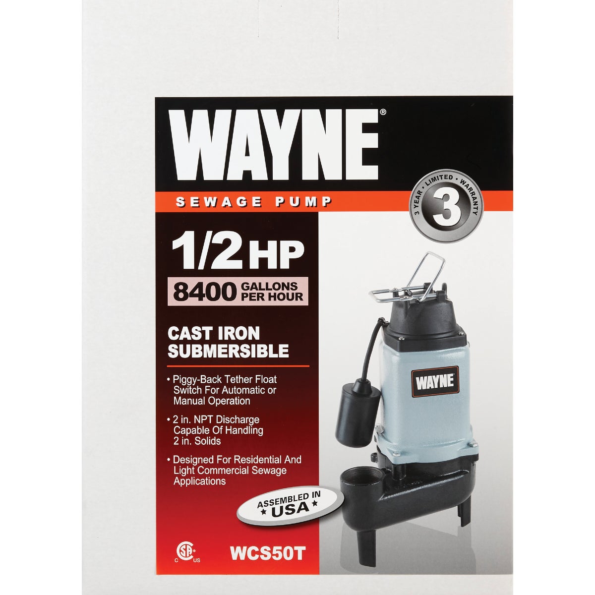 Wayne 1/2 H.P. Cast Iron Sewage Ejector Pump with Piggyback Tether Switch Image 2