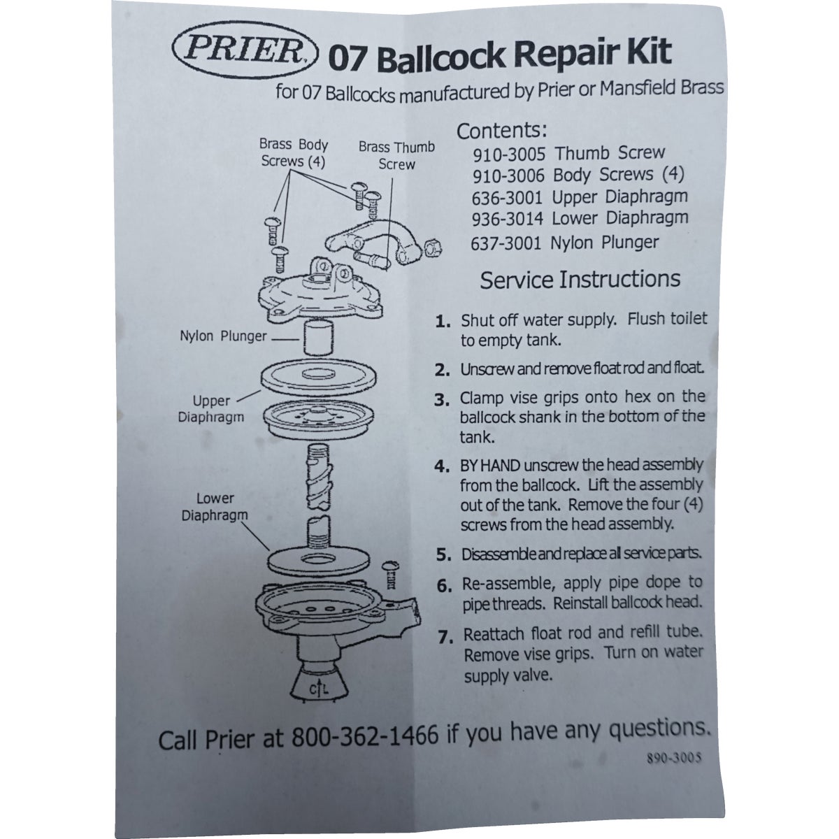 Mansfield Ballcock Service Kit Replacement Parts Image 3