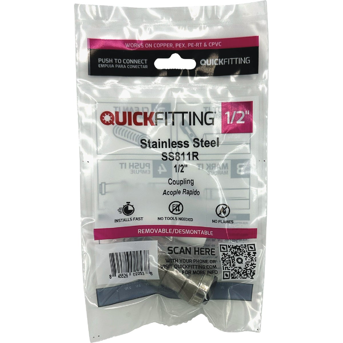 QuickFitting 1/2 In. Push-to-Connect Stainless Steel Straight Coupling Image 2